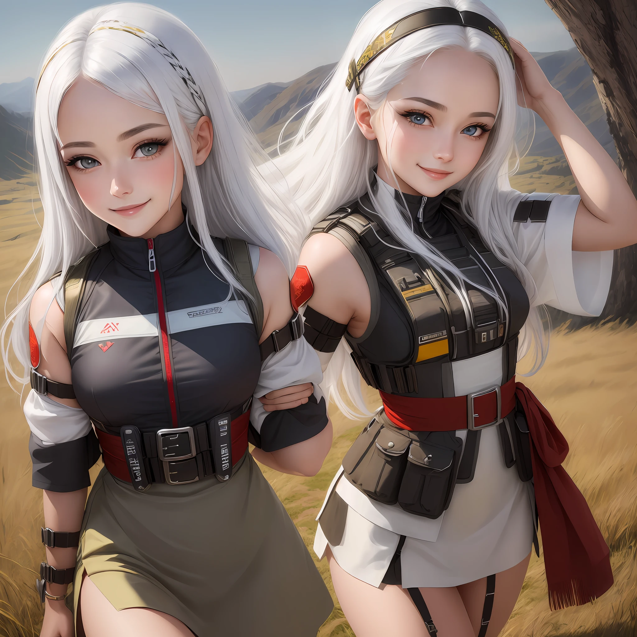 (masterpiece, sidelighting, finely detailed beautiful eyes: 1.2), (women, small breasts, head, white hair, smile, white eyes :1.1), {{masterpiece}}, highly detailed, breasts, masterpiece, solo, black hair, detailed face, long hair, bandage, {highres}, bandage, grassland, night, red moon, no pupils, tactical vest, with buckle and tape Masterpiece, best quality,