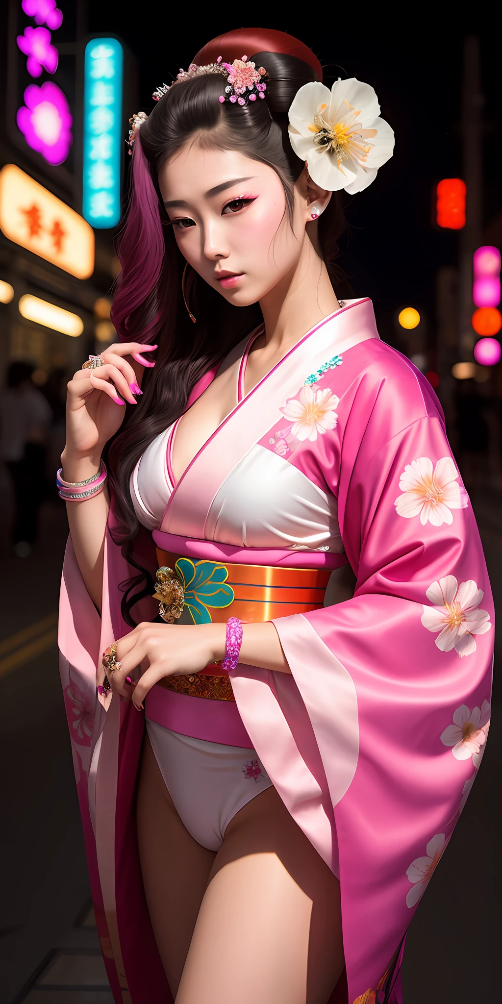 Beautiful young and sweet queen of cyberpunk geisha, 18 years old, woman, hot, sensual, with flowing hair, hyper realistic, masterpiece, wearing short pink and white kimono neckline with neon flowers drawn, wearing rings and bracelets with jewels, walking in cyberpunk Japan.