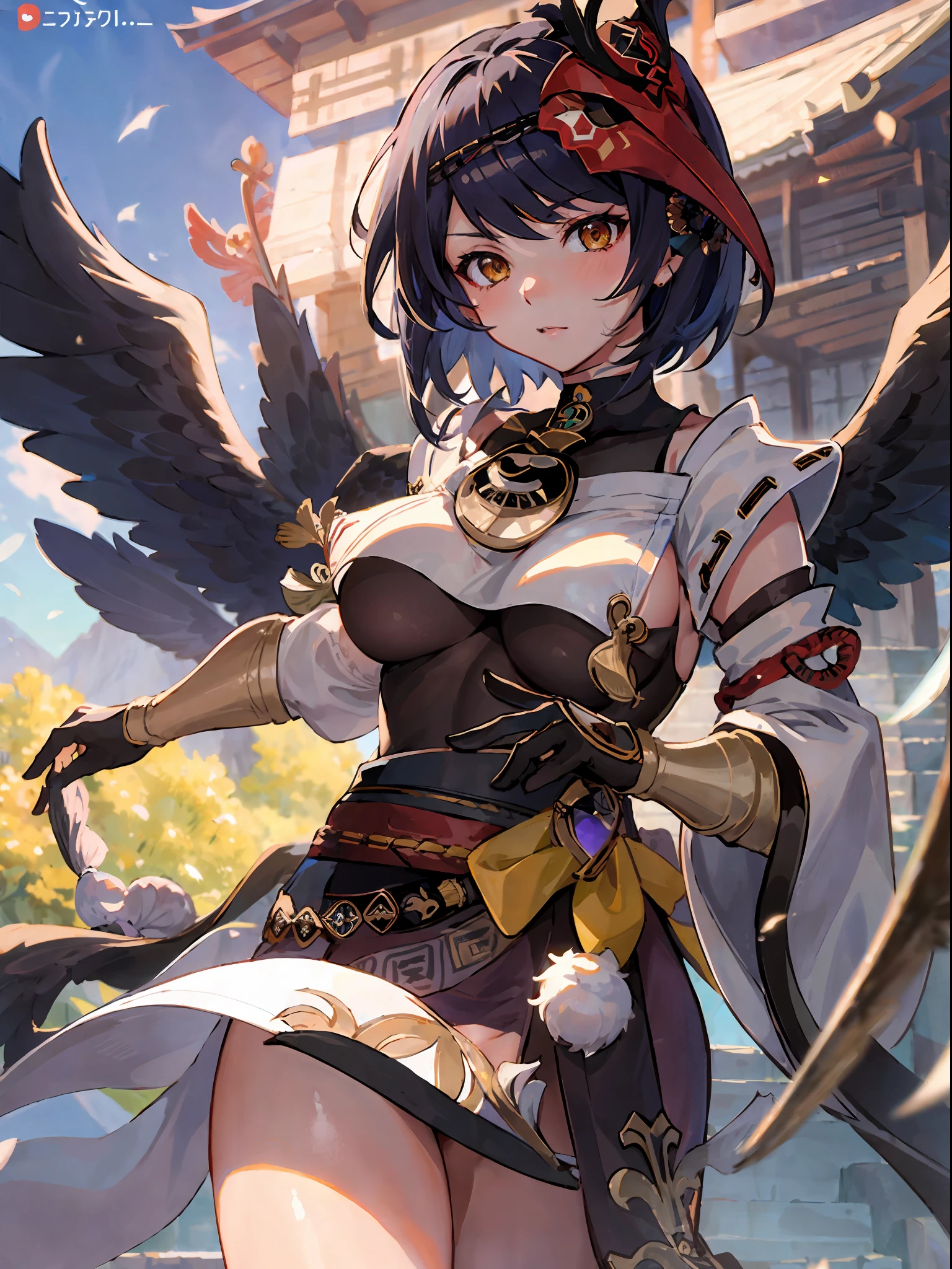 masterpiece, high quality, 1girl, kujousaradef, kujou sara genshin impact, outdoors, day, simple background, blue sky, short hair, sky, temple, looking at viewer, stairs, mountain, moody lighting, facing viewer, anime character with black wings, genshin impact character, genshin impact style, genshin, genshin impact, official character art, underboob, large breasts, thick thighs, big boobs, no panties, seductive pose,
