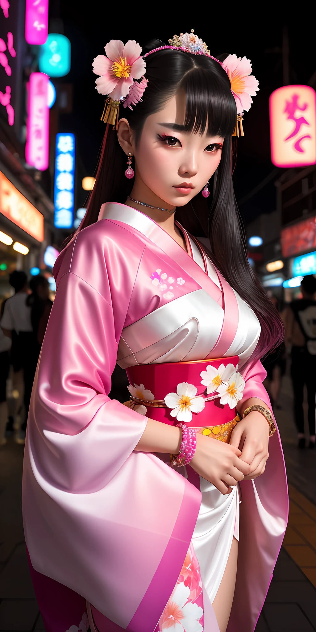 Beautiful young and sweet queen of cyberpunk geisha, 18 years old, woman, hot, sensual, with flowing hair, hyper realistic, masterpiece, wearing short pink and white kimono neckline with neon flowers drawn, wearing rings and bracelets with jewels, walking in cyberpunk Japan.