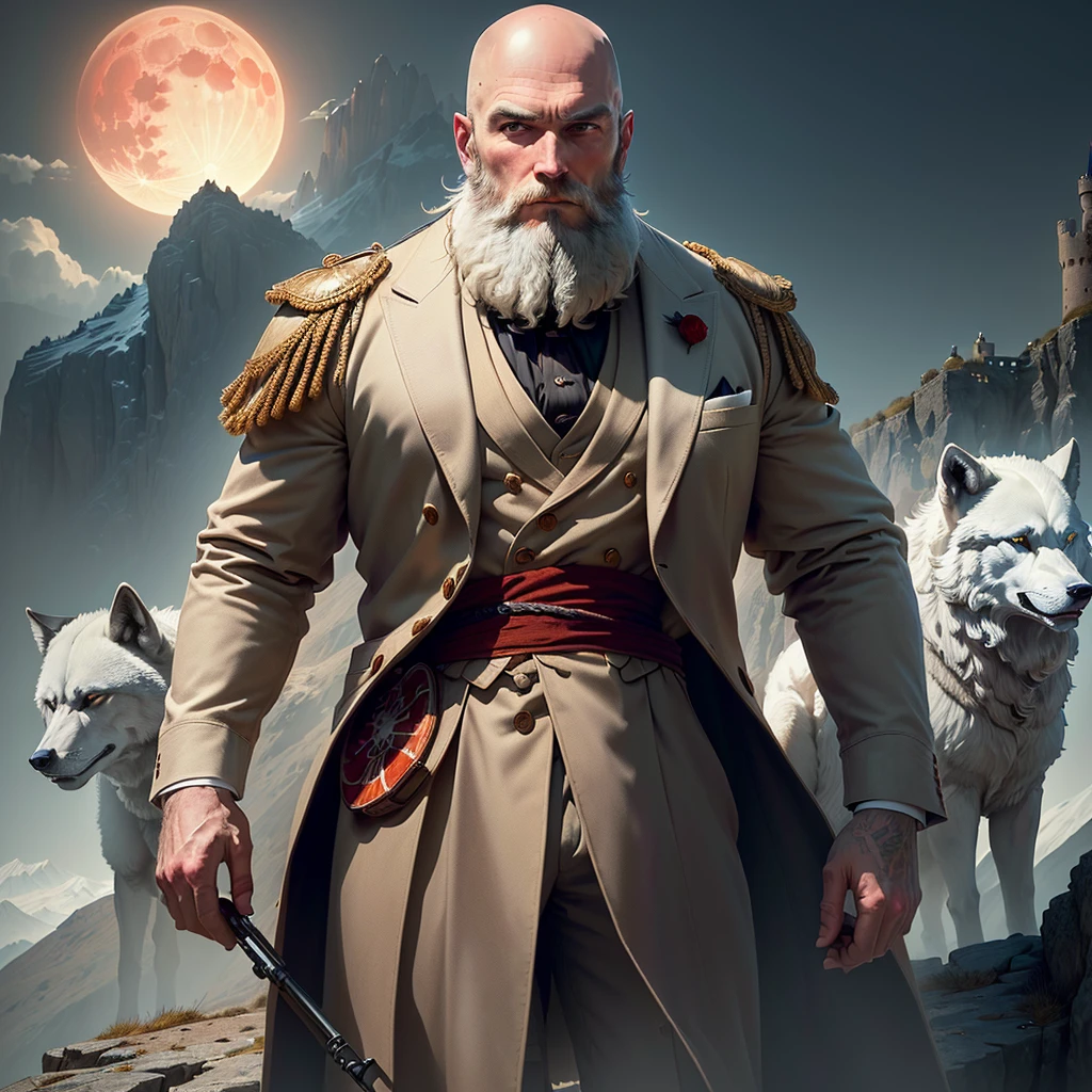 A 38-year-old white man, with a low beard, gray beard, bald, dressed as a gangster standing on a cliff with wolves behind him, red moon in the sky, high detail, castle, masterpiece, (HDR)(wallpaper)(film lighting)(sharp focus), masterpiece, best quality, (extremely detailed wallpaper of CG 8k unit), (best quality)