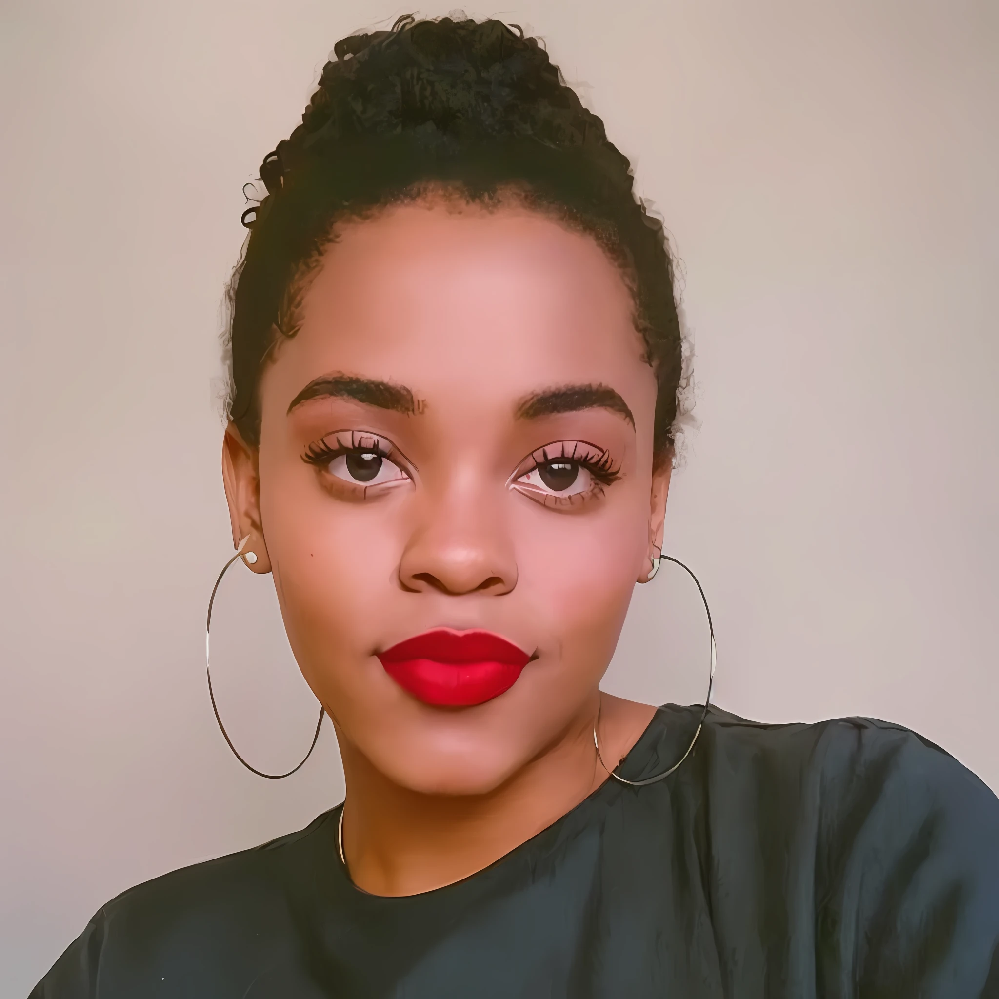 there is a woman with a red lipstick and a blue shirt, tessa thompson inspired, photo of a black woman, red lipstick on face, photo of young woman, thick red lips, headshot profile picture, headshot photo, small and thick red lips, detailed face with red lips, light skinned african young girl, solo portrait 🎨🖌️, young black woman