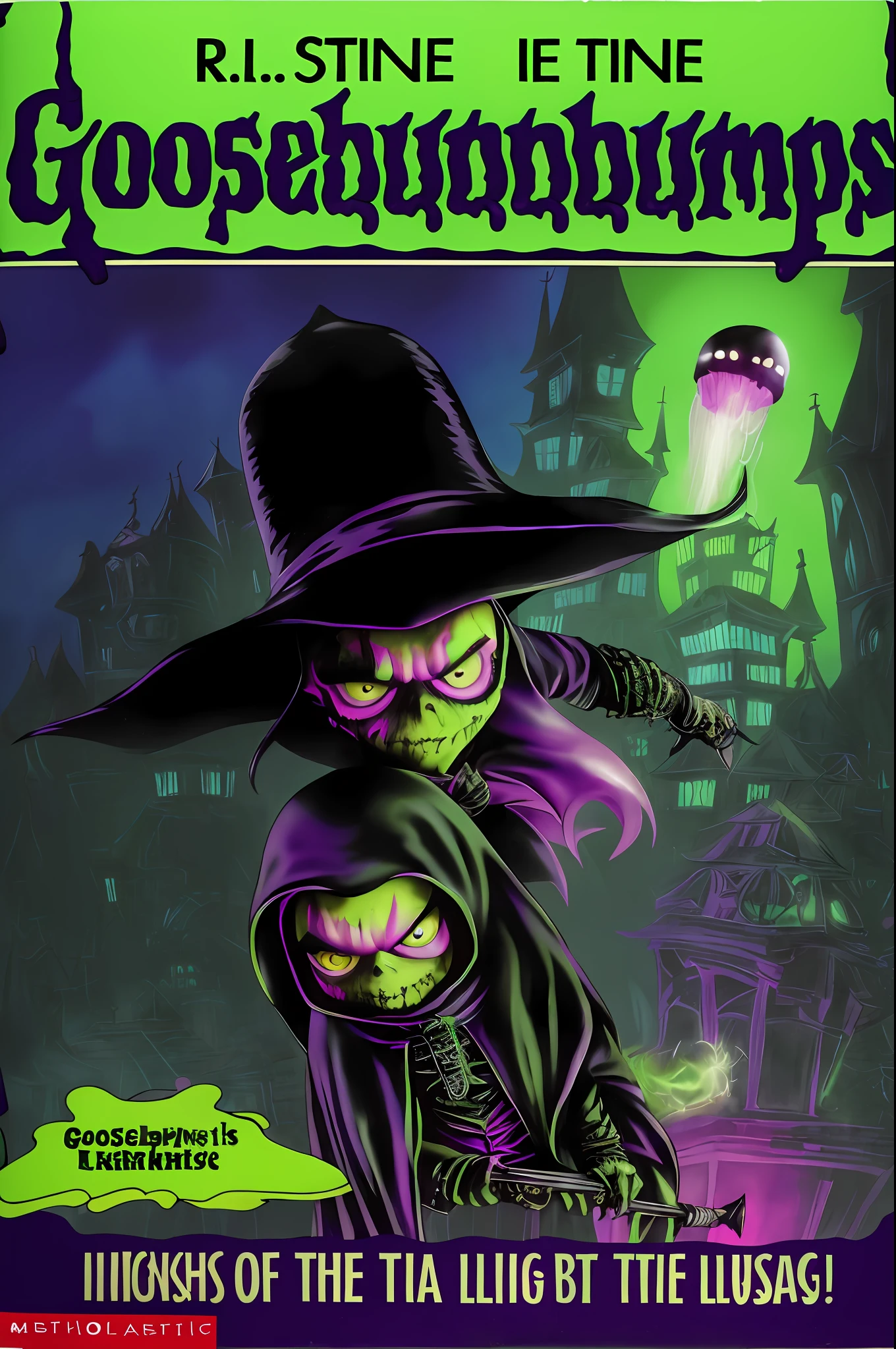 GoosebumpsBookCover title: a night in terror tower,Inkling,splatoon,inkling,detailed,with The Lord High Executioneran with as an inkling with a black cape and a wide-brimmed black hat,an axe