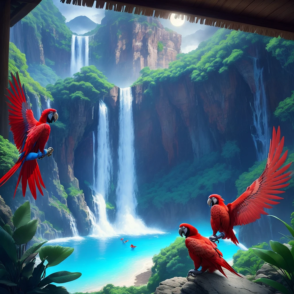 Beautiful Royal and Red Macaws Great Blues, highlighted in a beautiful setting with a waterfall with crystal blue waters, in the background, and many Royal blue cattleias orchids composing the scenery, at night, with a constellation of shining stars and full moon, illuminating the romantic environment, image in high resolution 4k, realistic Fantasy scenery