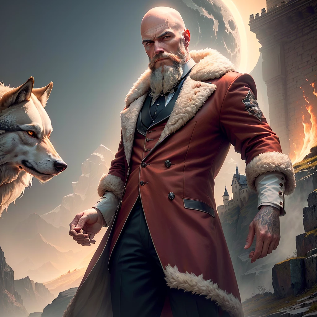 A white man of 38 years, [with dark brown low beard] bald, dressed as a gangster standing on a cliff with wolves behind him, red moon in the sky, high detail, castle, masterpiece, (HDR)(wallpaper)(film lighting)(sharp focus), masterpiece, best quality, (extremely detailed wallpaper of CG 8k unit), (best quality)