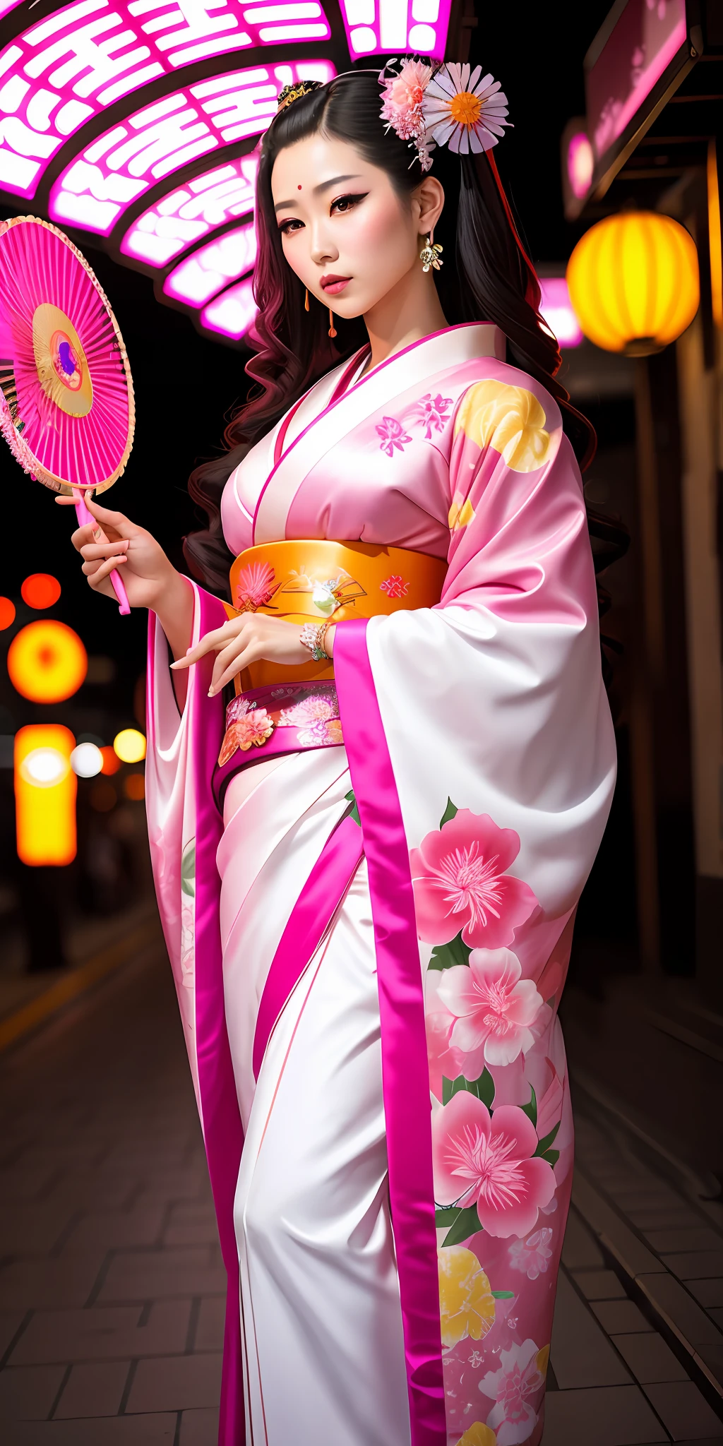 Beautiful young and sweet queen of cyberpunk geisha, woman, hot, with flowing hair, hyper realistic, masterpiece, wearing pink and white kimono with neon flowers drawn, holding a bright neon fan, wearing rings and bracelets with jewels, walking in cyberpunk Japan.