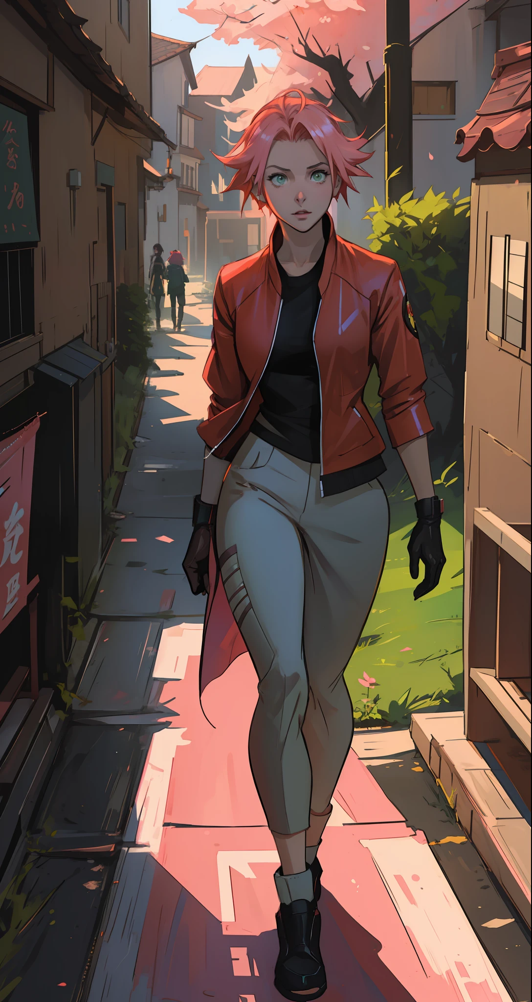 Sakura haruno, seductive, ((forehead to show)), attractive, sexy eyes, green eyes, red coat, walking through a village, pink hair, delicate, young, short hair, detailed face, high definition, full body, defined strokes, well-drawn strokes, from League of Legends, trend in artstation, by rhads, andreas rocha, rossdraws, makoto shinkai, laurie greasley, lois van baarle, ilya kuvshinov and greg rutkowski