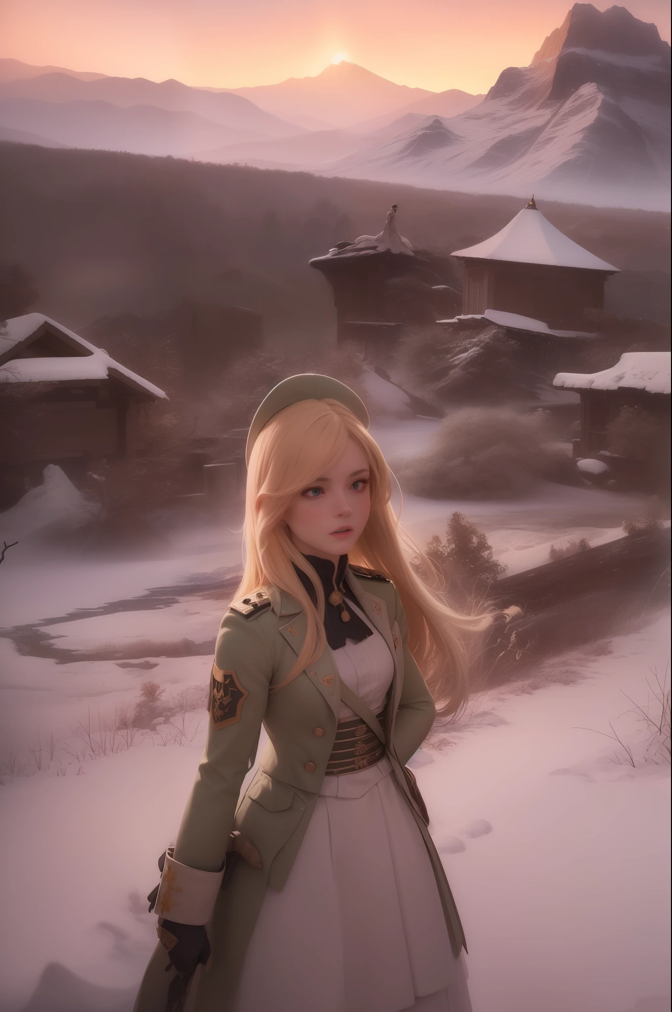 (masterpiece, best quality, great detail), (blonde woman in white military uniform of the eighteenth century, powerful standing posture) + ((battleground)|( battlefield)), Another woman in dark green military uniform on the left of the image looks surprised, realistic style, ultra-detail image and maximum quality, perfect lighting and shadows, foreground focus)((snowy landscape with mountains in the background)|( snowy mountains in the background)), pink sunset light.