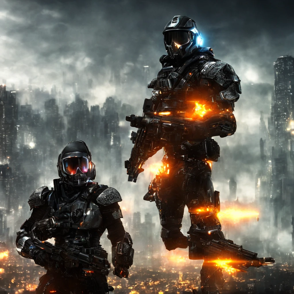 (extremely detailed CG artwork, masterpiece, best quality), high resolution, realistic, dark and mysterious, Sci-Fi, cyberpunk atmosphere, machine world, epic, character-centric, (1 character), (metallic armor, black), (white hair: 1.2 + red eyes), (futuristic helmet), (holding a gun), (dynamic pose), (standing on a platform), blue neon lights, depth of field, volumetric lighting.