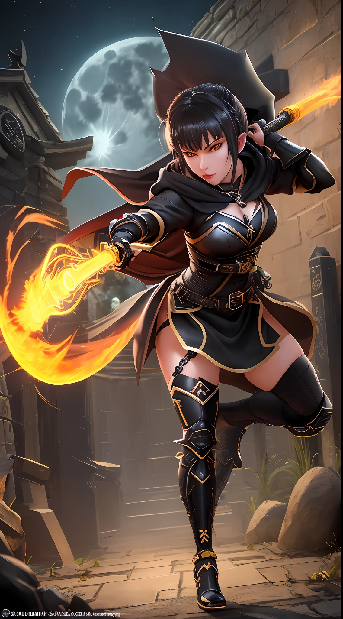 Very detailed 64k resolution, Unreal Engine 5, Mortal Kombat Scorpion style, Cartoon style, full body standing image of Princess Zelda cosplaying Scorpion, ninja hood and mask, black hair, yellow eyes, holding a katana attached with a chain, looking at the viewer, emanating an aura of fire around the body, in a macabre graveyard at night with full moon.