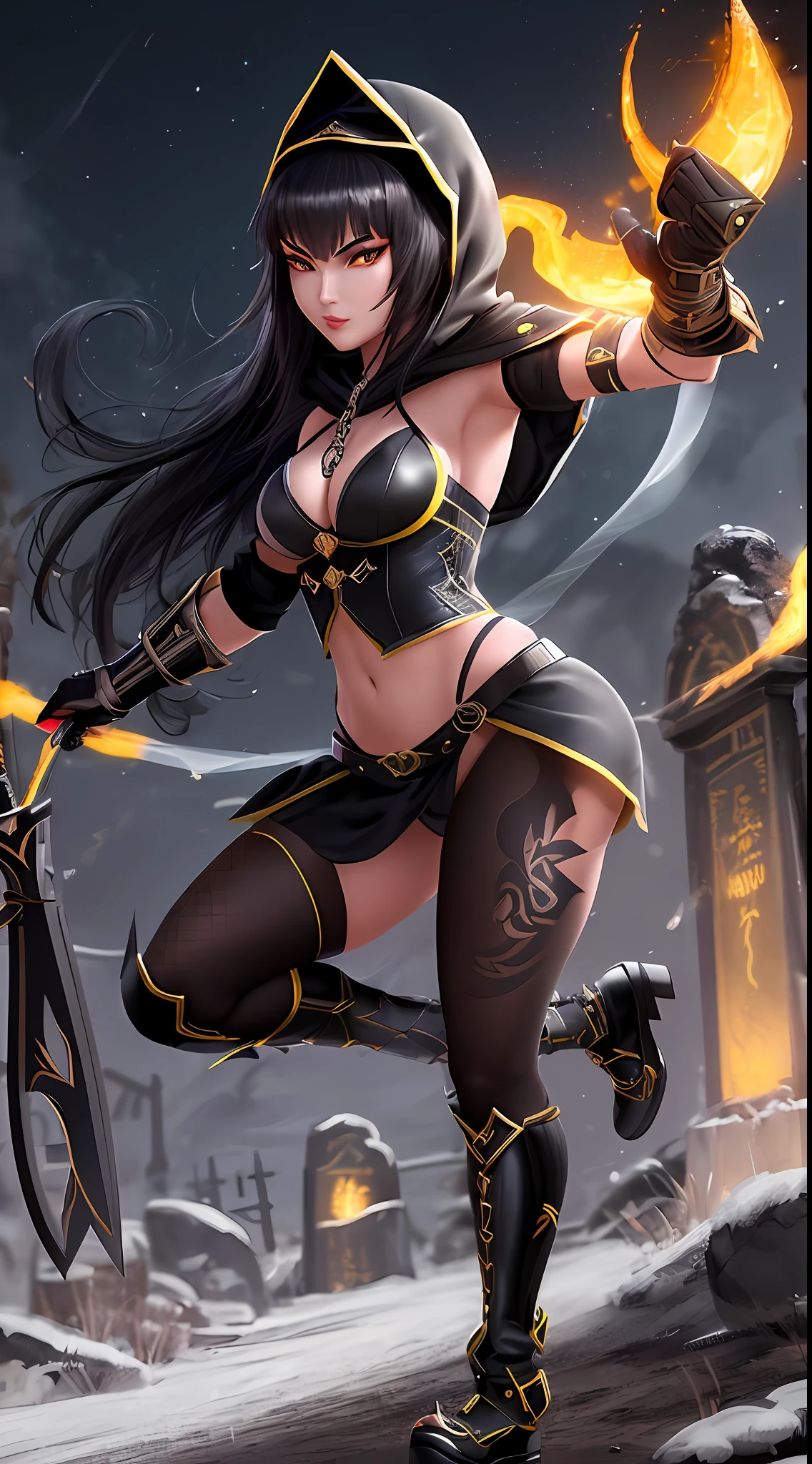 Very detailed 64k resolution, Unreal Engine 5, Mortal Kombat Scorpion style, Cartoon style, full body standing image of Princess Zelda cosplaying Scorpion, ninja hood and mask, black hair, yellow eyes, holding a katana attached with a chain, looking at the viewer, emanating an aura of fire around the body, in a macabre graveyard at night with full moon.