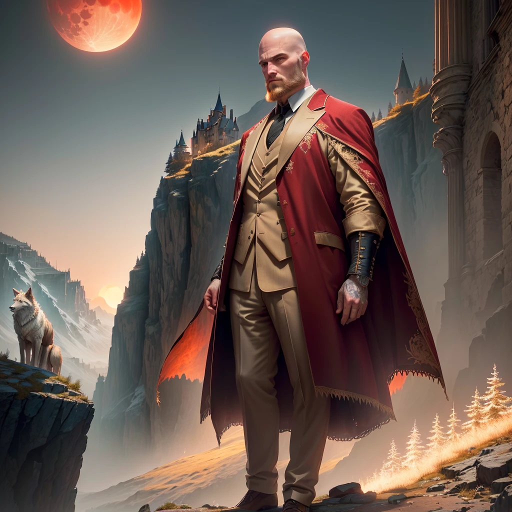 A 38-year-old white man, [with short beard] bald, dressed as a gangster standing on a cliff with wolves behind him, red moon in the sky, high detail, castle, masterpiece, (HDR)(wallpaper)(film lighting)(sharp focus), masterpiece, best quality, (extremely detailed wallpaper from CG 8k unit), (best quality)