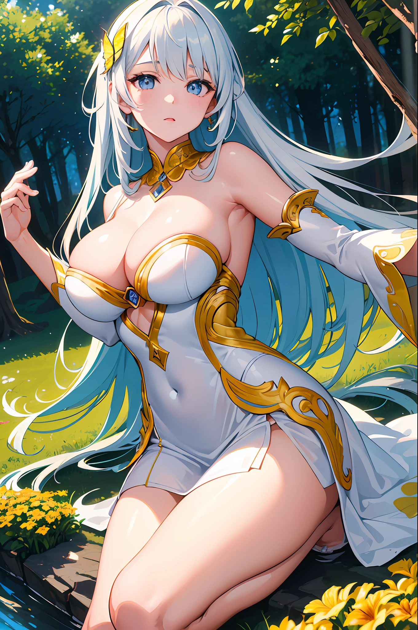 ((artwork)), masterpiece, (8k wallpaper of extremely detailed CG unit), (eye detail), (face detail), (body detail), (Stanley Artgerm Lau), (realism style: 1.5), (angular lens), (highly detailed magical forest landscape), (1girl) of (extremely detailed long hair, with soft colors, suits) wearing a beautiful white dress with some butterfly details,  Extremely detailed eyes with bright and beautiful colors (yellows) Extremely detailed iris, oval and delicate face, with soft and beautiful tones, delicate and perfect features, highlighting the beauty of the incredibly beautiful girl.