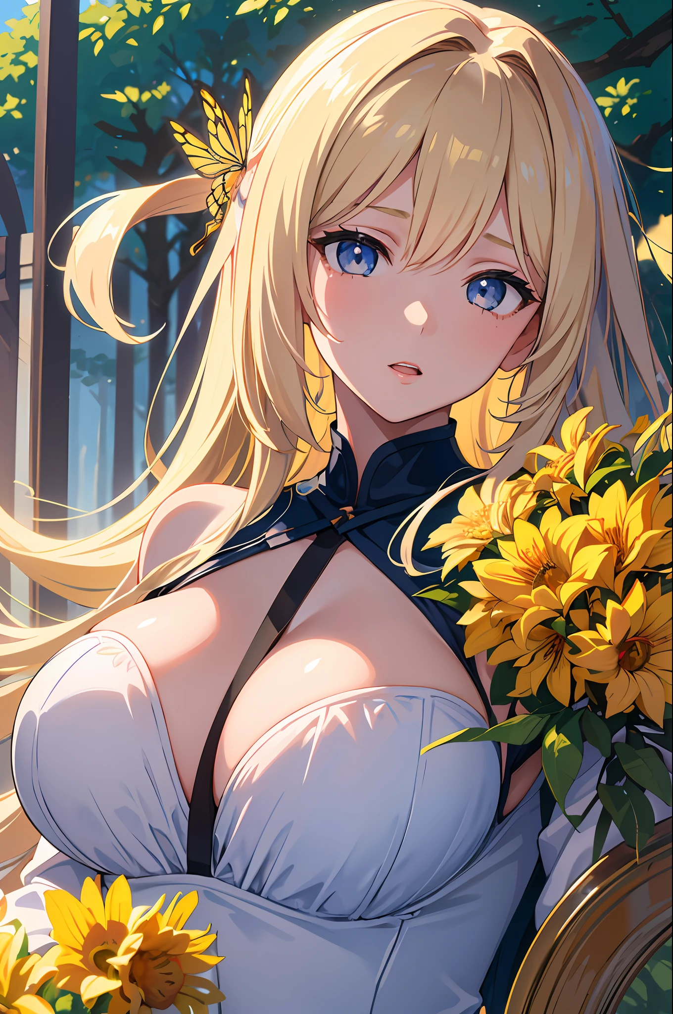 ((artwork)), masterpiece, (8k wallpaper of extremely detailed CG unit), (eye detail), (face detail), (body detail), (Stanley Artgerm Lau), (realism style: 1.5), (angular lens), (highly detailed magical forest landscape), (1girl) of (extremely detailed long hair, with soft colors, suits) wearing a beautiful white dress with some butterfly details, Extremely detailed eyes with bright and beautiful colors (yellows) Extremely detailed iris, oval and delicate face, with soft and beautiful tones, delicate and perfect features, highlighting the beauty of the incredibly beautiful girl.