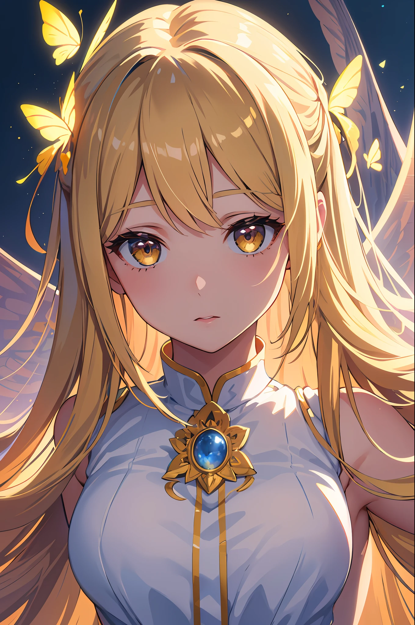 ((artwork)), masterpiece, (8k wallpaper of extremely detailed CG unit), (eye detail), (face detail), (body detail), (Stanley Artgerm Lau), (realism style: 1.5), (angular lens), (highly detailed magical forest landscape), (1girl) of (extremely detailed long hair, with soft colors, suits) wearing a beautiful white dress with some butterfly details, Extremely detailed eyes with bright and beautiful colors (yellows) Extremely detailed iris, oval and delicate face, with soft and beautiful tones, delicate and perfect features, highlighting the beauty of the incredibly beautiful girl.