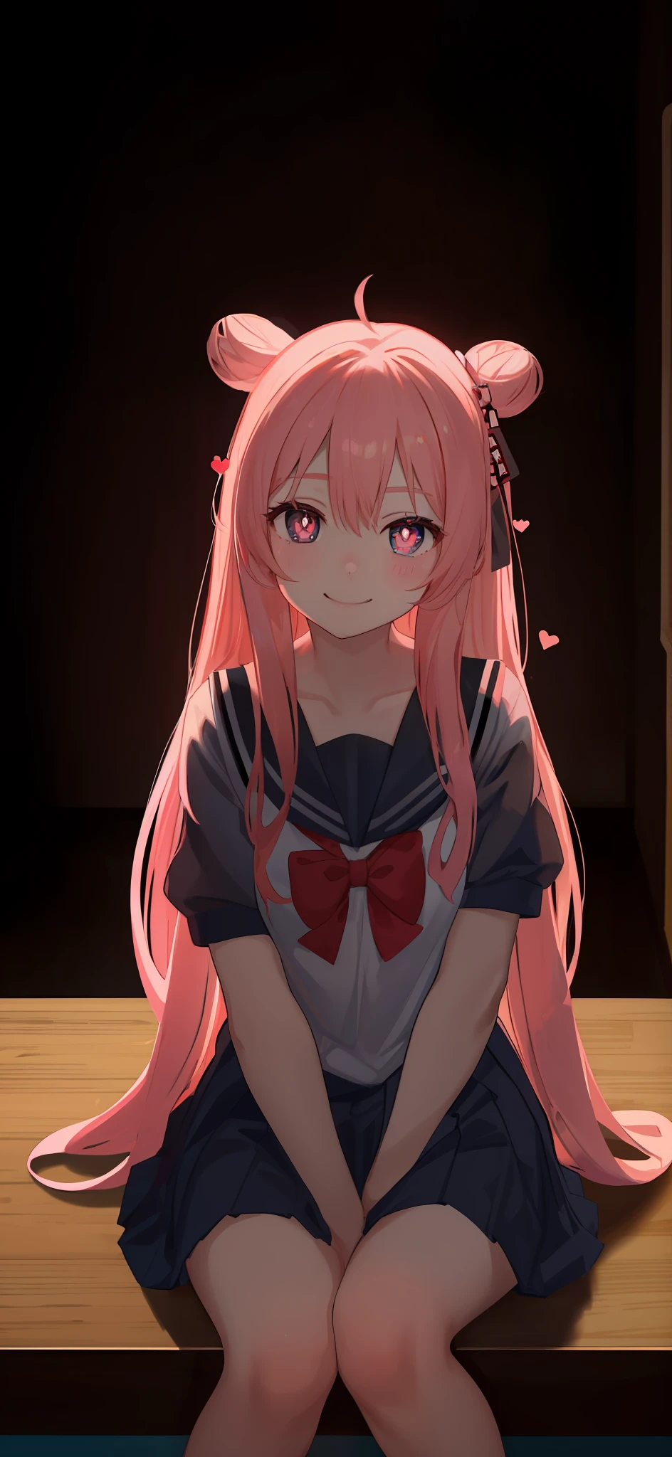 masterpiece, best quality, looking at viewer, 1girl, solo, bow, black serafuku, smiling, school, glowing eyes, depth of field, sitting, close up, heart shaped pupils