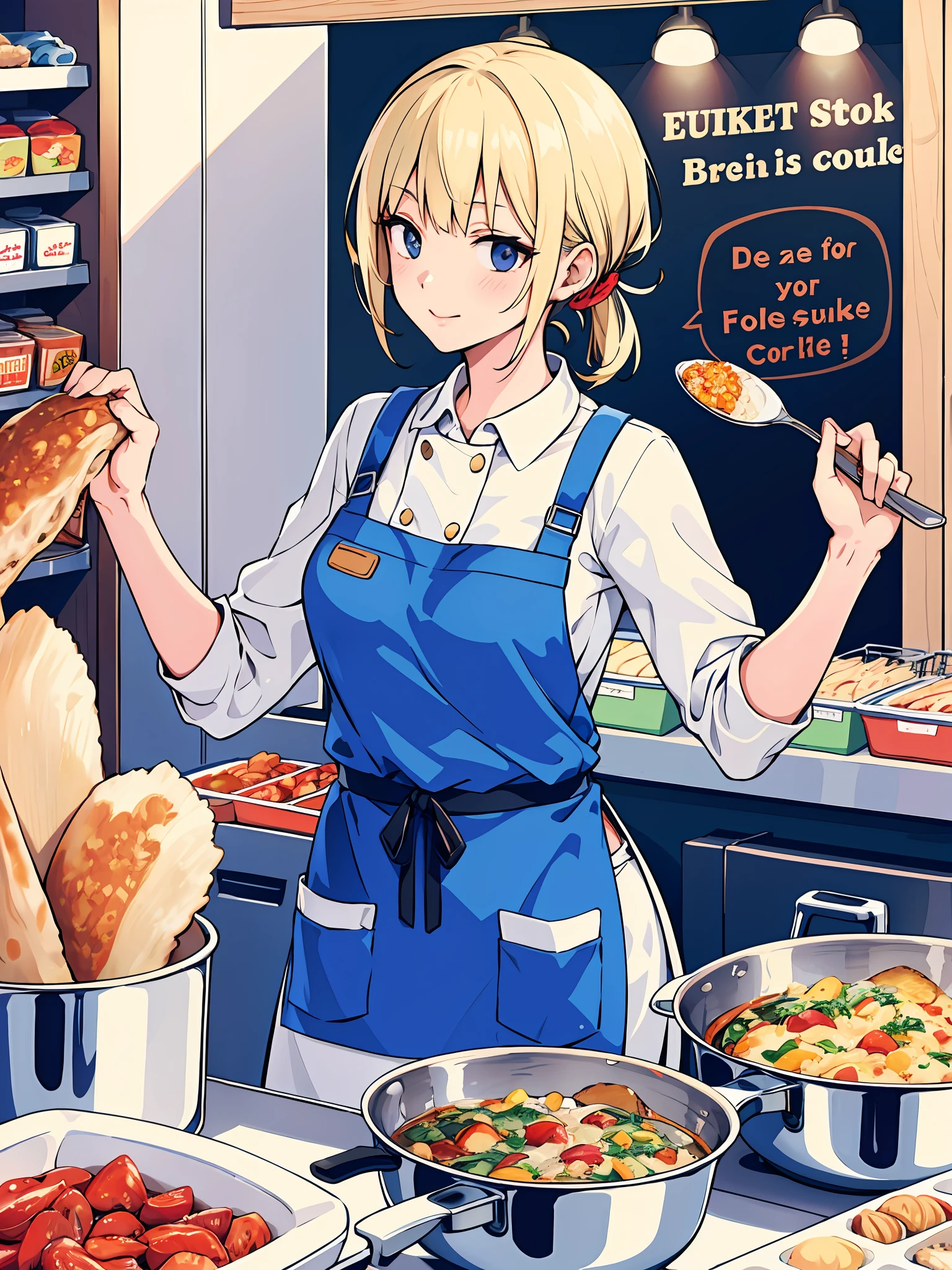 best quality food stall lady woman cook blonde euro street clothing apron