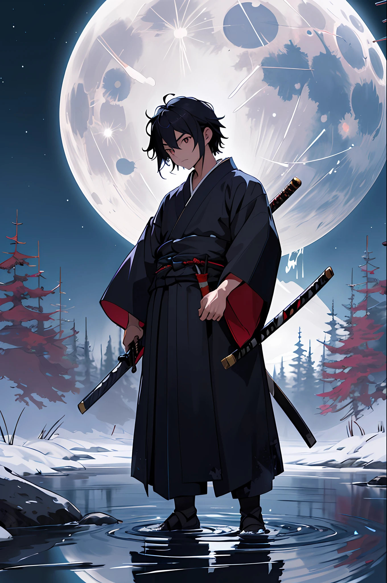 best quality (katana: 1.4), serious,(at night: 1.4), The 15-year-old has black, straight and shiny hair, which falls gently to the shoulders. The eyes of the child are dark, They reflect determination and an inquisitive curiosity. With his upright posture, the child shows a confident bearing and an aura of maturity. She wears an elegant and distinctive dark blue kimono. The wide sleeves of the kimono extend to the wrists, At his waist, the child carries a red katana, which glows with a vibrant energy. The long, sharp blade is made of polished steel, reflecting light. The hilt of the katana is wrapped in black leather, The scabbard of the sword is painted dark red and adorned with symbols demoniacos.ao the side of a river in the moonlight.