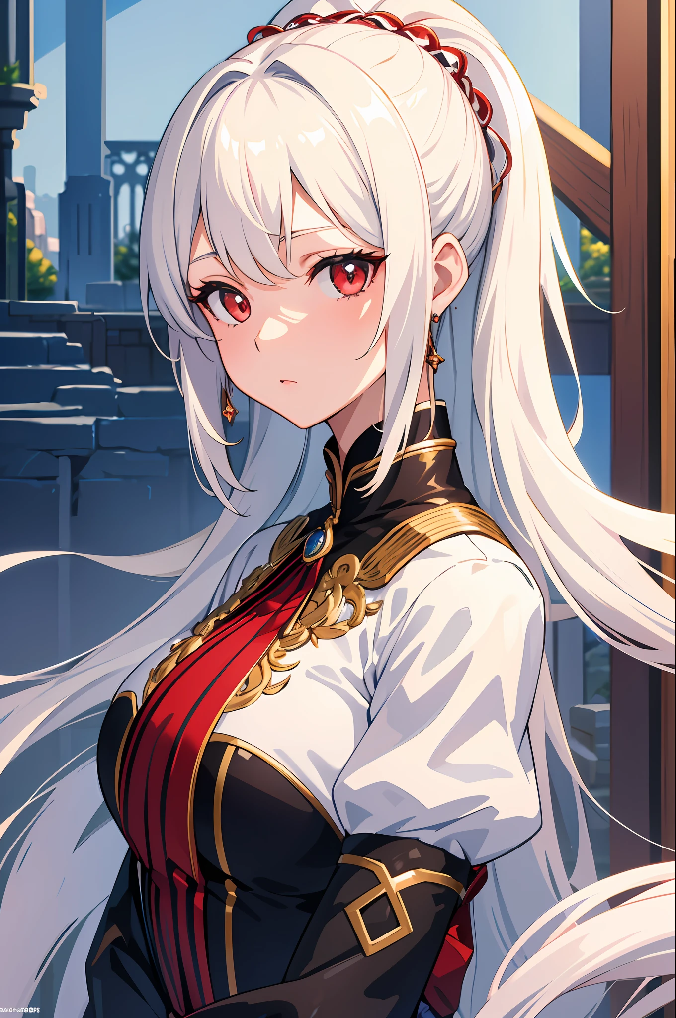 Artwork, masterpiece, extremely detailed 8k CG unit wallpaper, vibrant incredible colors, of a beautiful girl with white hair, red eyes, wearing a simple sensual blouse, almost transparent, her gaze focused on the viewer, background of scenery of a beautiful room, a calm, soft, simple light on the face of the beautiful girl.