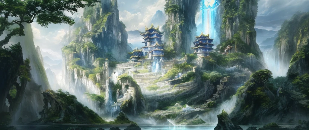 there is a painting of a fountain in the middle of a mountain, g liulian art style, fantasyconcept art, feng zhu concept art, concept art magical highlight, concept art illustration, concept world art, high resolution concept art, mysterious temple setting, water temple, concept art | feng zhu, league of legends concept art, high quality concept art