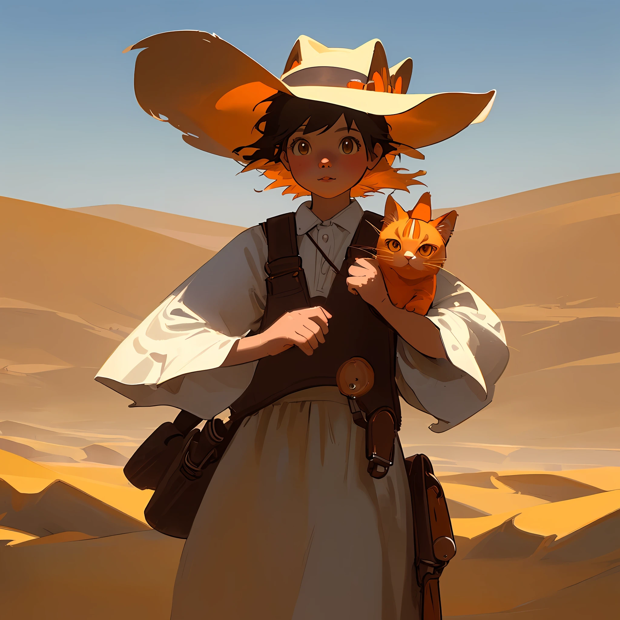 Highly detailed, masterpiece pulp illustration of a little girl dressed as a cowboy happily strolling with her orange cat (in a small cowboy hat) through a desert of the Wild West. Daylight.