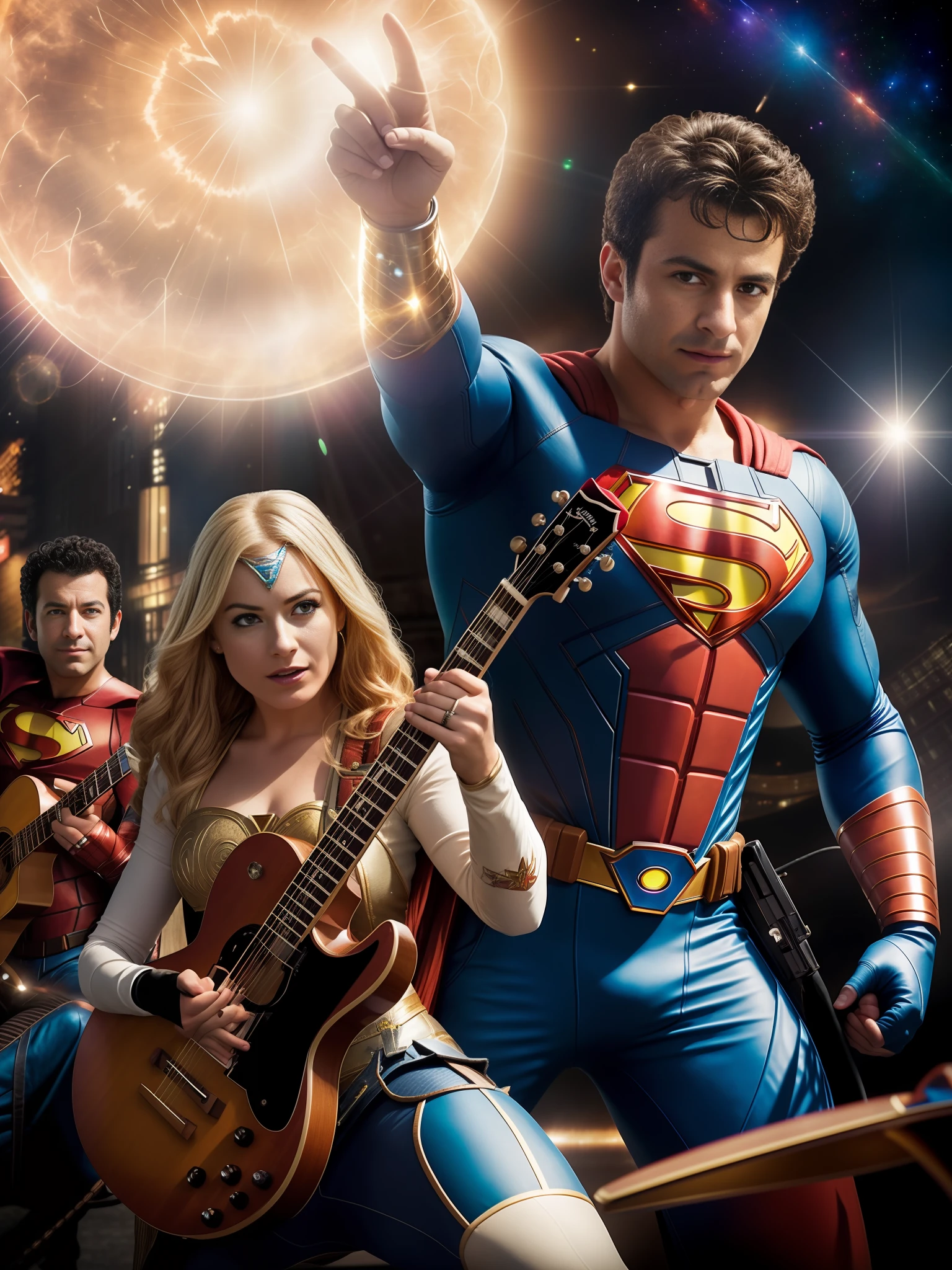 arafed image of a man and woman in costume playing guitar, movie promotional image, superhero from the boys tv show, superhero movie, fan art, closeup shot, super high resolution, hero, textless, promotional image, super powers, fanart, detail shot, japanese dc live-action movie, photo still, superhero, closeup - view, promotional movie still
