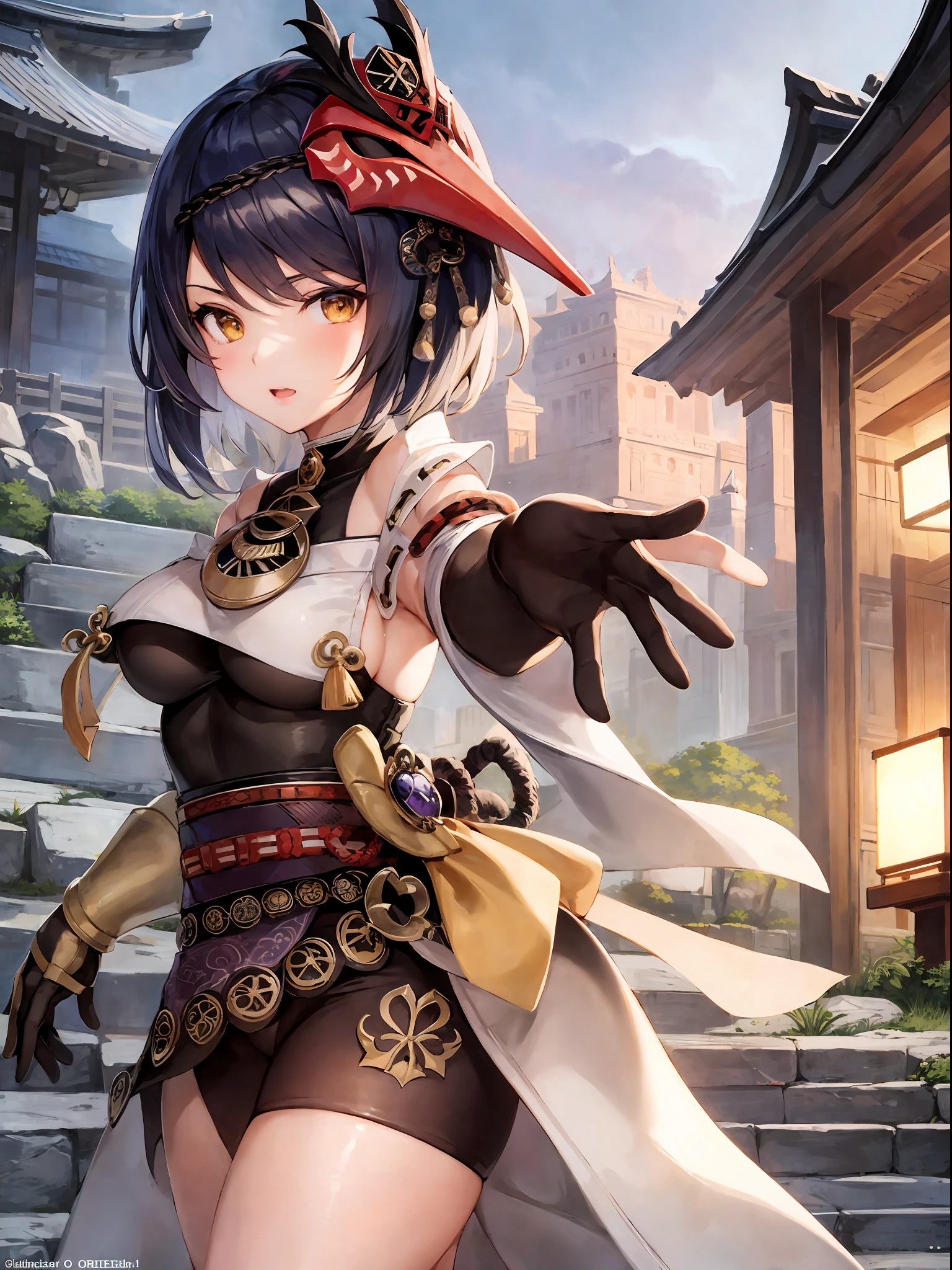 masterpiece, high quality, 1girl, kujousaradef, kujou sara genshin impact, outdoors, day, simple background, blue sky, short hair, sky, temple, looking at viewer, stairs, mountain, moody lighting, facing viewer, anime character with black wings, genshin impact character, genshin impact style, genshin, genshin impact, official character art, underboob, large breasts, thick thighs, big boobs