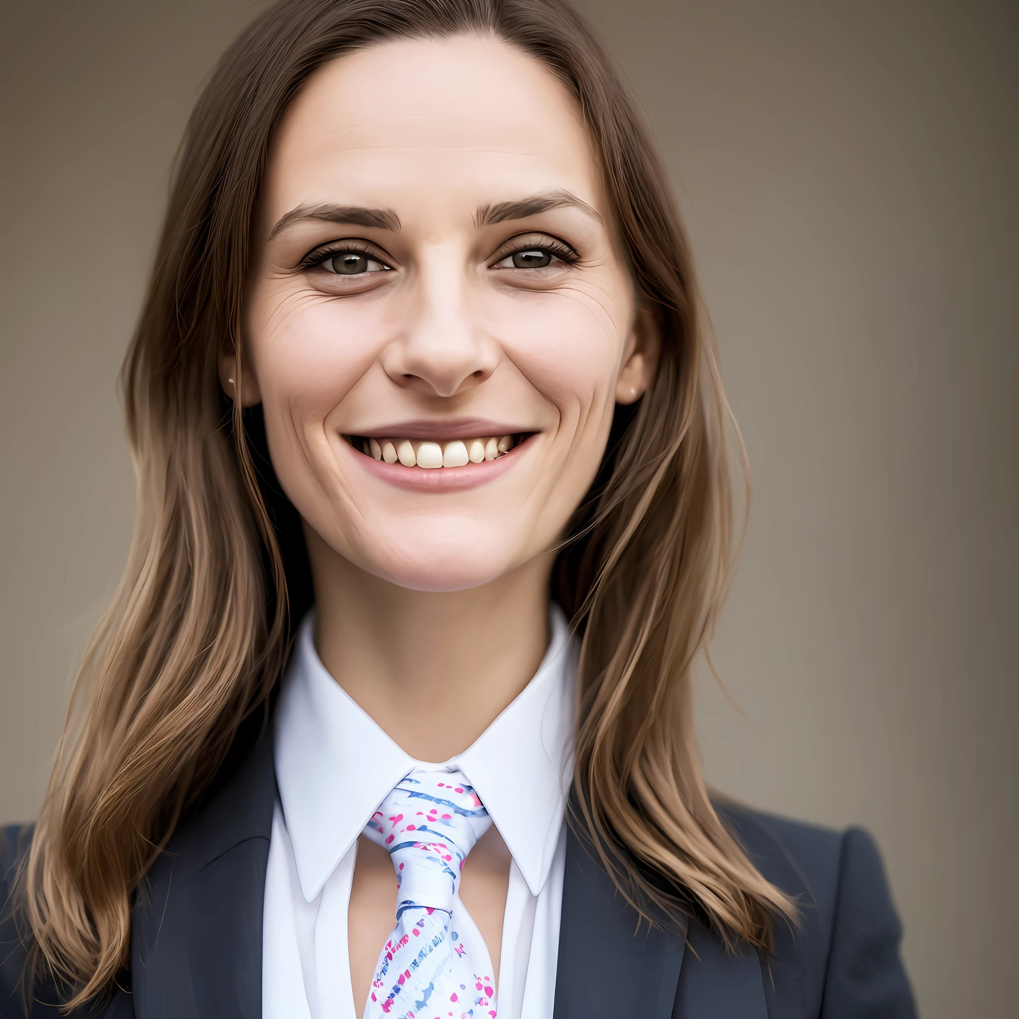 there is a woman with a tie on her neck looking at the camera, 30-year-old french woman, woman's face looking off camera, with very thin lips, is smiling expression, extremely realistic face, thin nose, no text