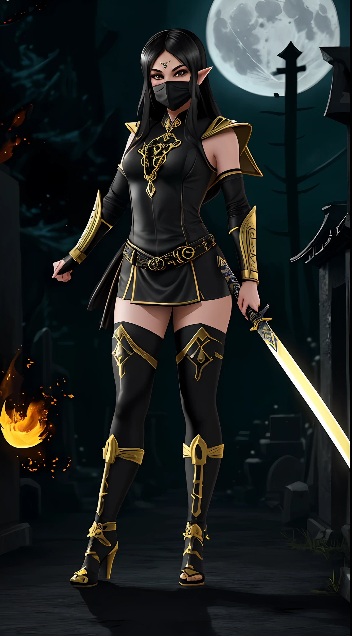 Very detailed 64k resolution, Unreal Engine 5, Mortal Kombat Scorpion style, Cartoon style, full body standing image of Princess Zelda cosplaying Scorpion, ninja hood and mask, black hair, yellow eyes, holding a katana attached with a chain, looking at the viewer, emanating an aura of fire around the body, in a macabre graveyard at night with full moon.