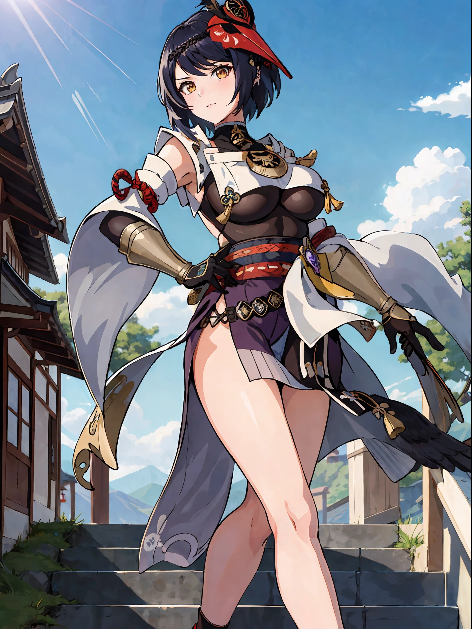 masterpiece, high quality, 1girl, kujousaradef, kujou sara genshin impact, outdoors, day, simple background, blue sky, short hair, sky, temple, looking at viewer, stairs, mountain, moody lighting, facing viewer, anime character with black wings, genshin impact character, genshin impact style, genshin, genshin impact, official character art, underboob, large breasts, thick thighs, big butt, big boobs, no panties, seductive pose,