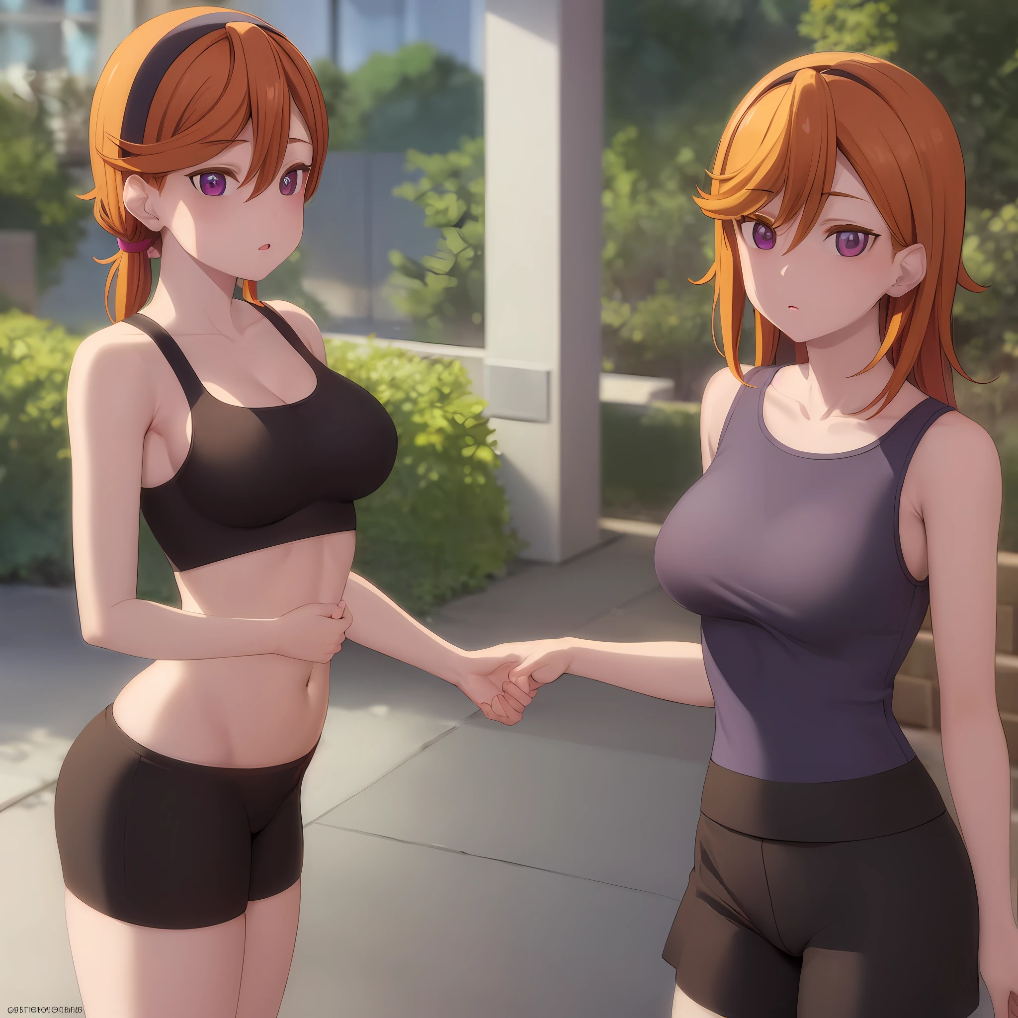 2d, masterpiece, best quality, anime, highly detailed eyes, highly detailed face, highly detailed background, perfect lighting, shibuya kanon, purple eyes, orange hair, short hair, high ponytail:1.4, sports bra, big breast, cleavage, nipple, no pants, black underpants, parted lips, blush, shy, sweat, outdoor, depth of field, standing, pov, twilight, sunset, sunrays, perfect lighting:1.4