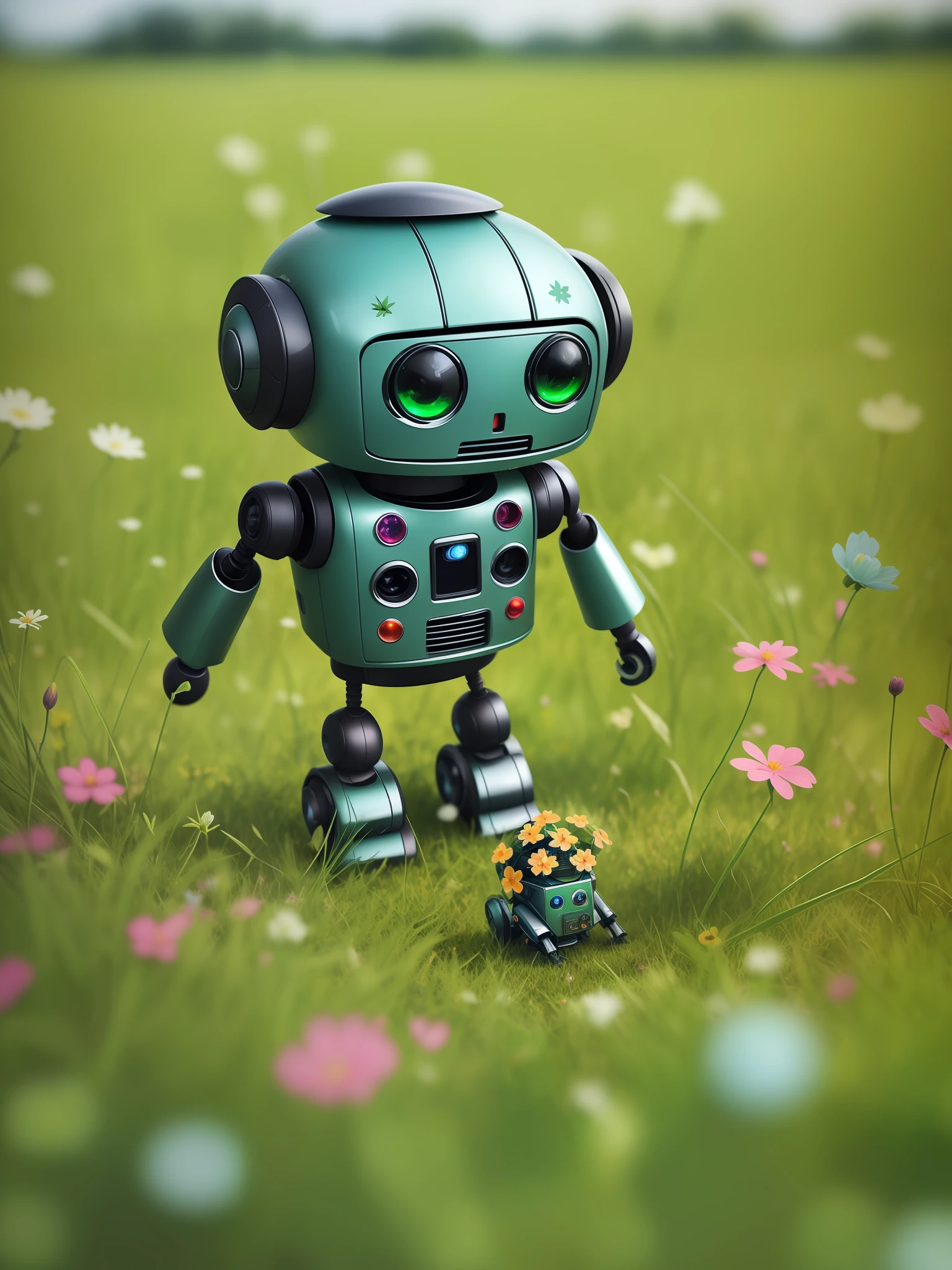 single broken down cute little robot,covered in grass and flower,surrounded by weeds,gorgeous dramatic sce,dark color,digital art,upscales-imagine -