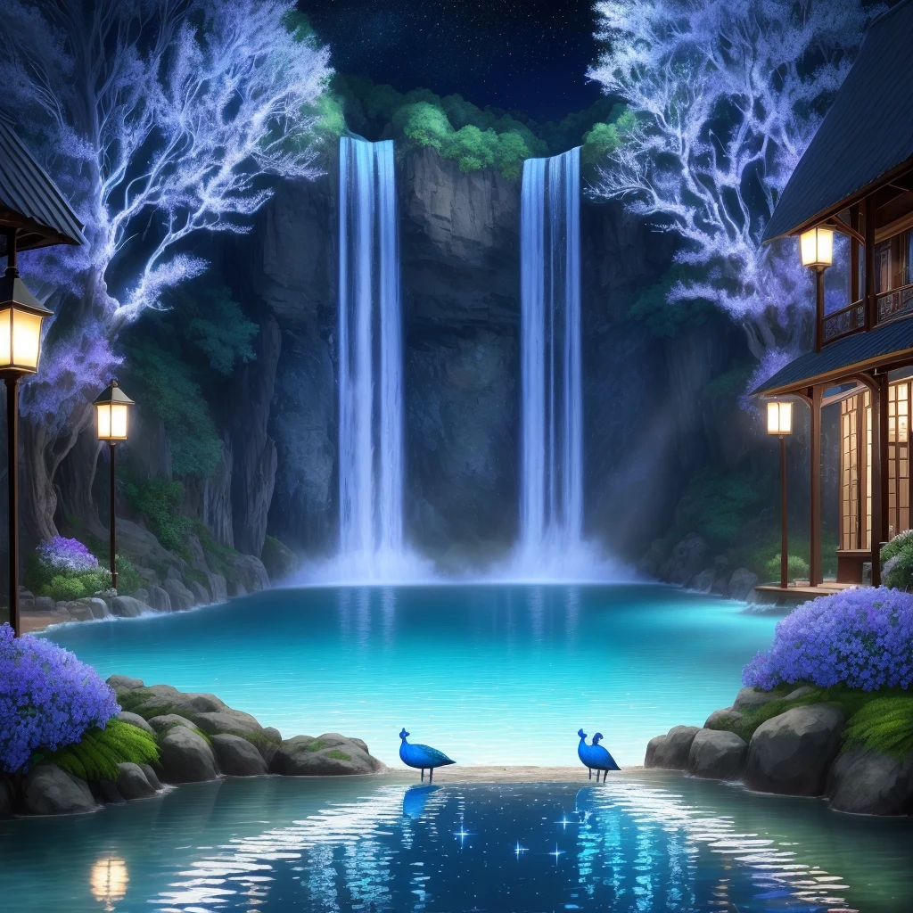 Beautiful Peacocks Great Royal Blues, featured in a beautiful setting with a waterfall with crystal blue waters, in the background, and "many orchid flowers Royal blue cattles" composing the scenery, at night, with a constellation of shining stars and full moon, illuminating the romantic environment, image in high resolution 4k, realistic scenery photographic quality