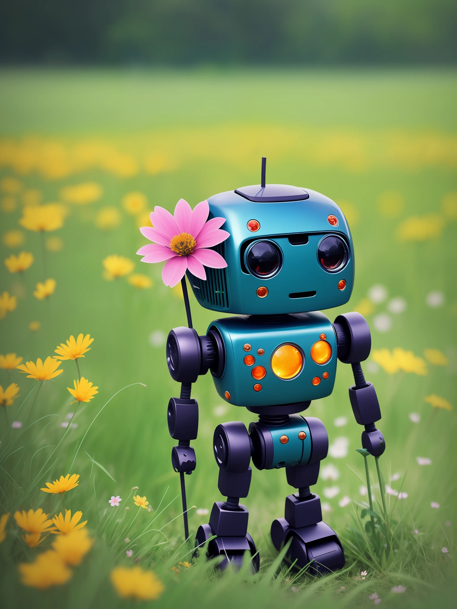 single broken down cute little robot,covered in grass and flower,surrounded by weeds,gorgeous dramatic sce,dark color,digital art,upscales-imagine -