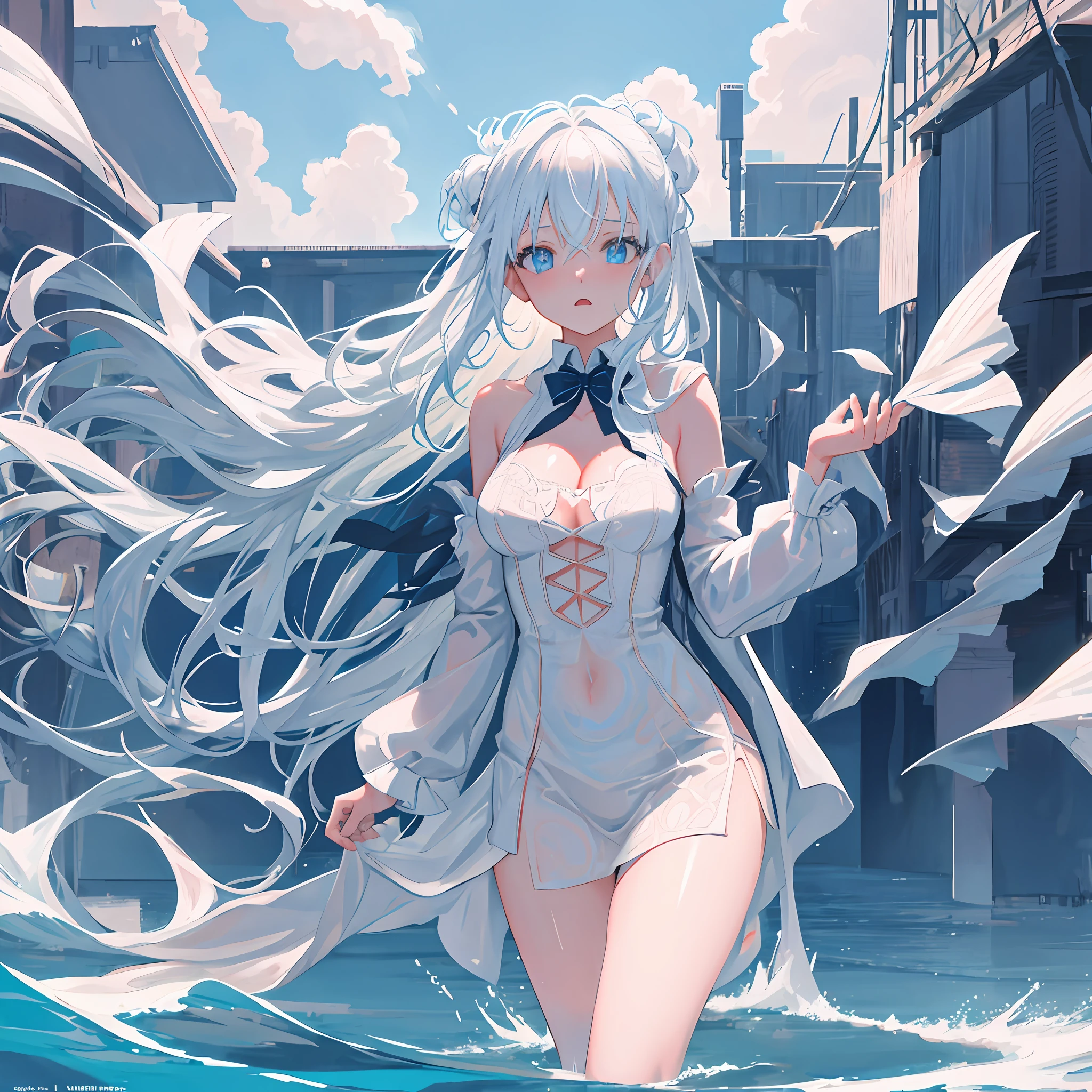 1girl,solo,white_hair,liquid hair, long hair, standing, liquid clothes, wedding dress, sea, large breasts, water,standing,lifted by self, cleavage, cowboy shot, blue sky, wave  extreme detailed eyes, (perfect face), shiny skin, colorful, highest detailed, vibrant colors, ultra high res, (high contrast), intricate, lens flare