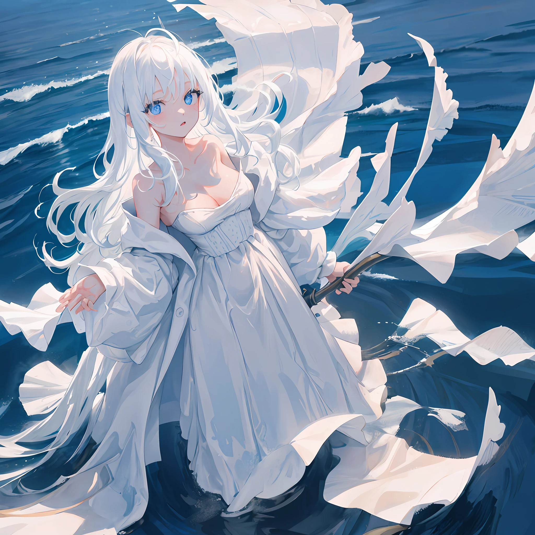 1girl,solo,white_hair,liquid hair, long hair, standing, liquid clothes, wedding dress, sea, large breasts, water,standing,lifted by self, cleavage, cowboy shot, blue sky, wave extreme detailed eyes, (perfect face), shiny skin, colorful, highest detailed, vibrant colors, ultra high res, (high contrast), intricate, lens flare