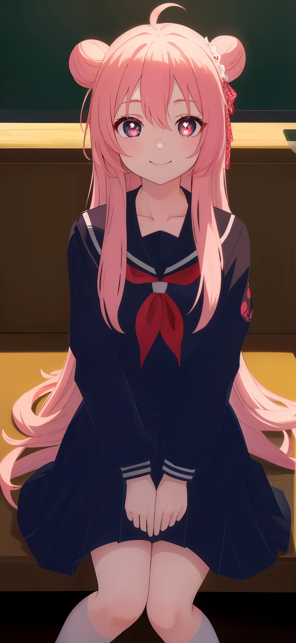 masterpiece, best quality, looking at viewer, 1girl, solo, bow, black serafuku, smiling, school, glowing eyes, depth of field, sitting, close up, heart shaped pupils