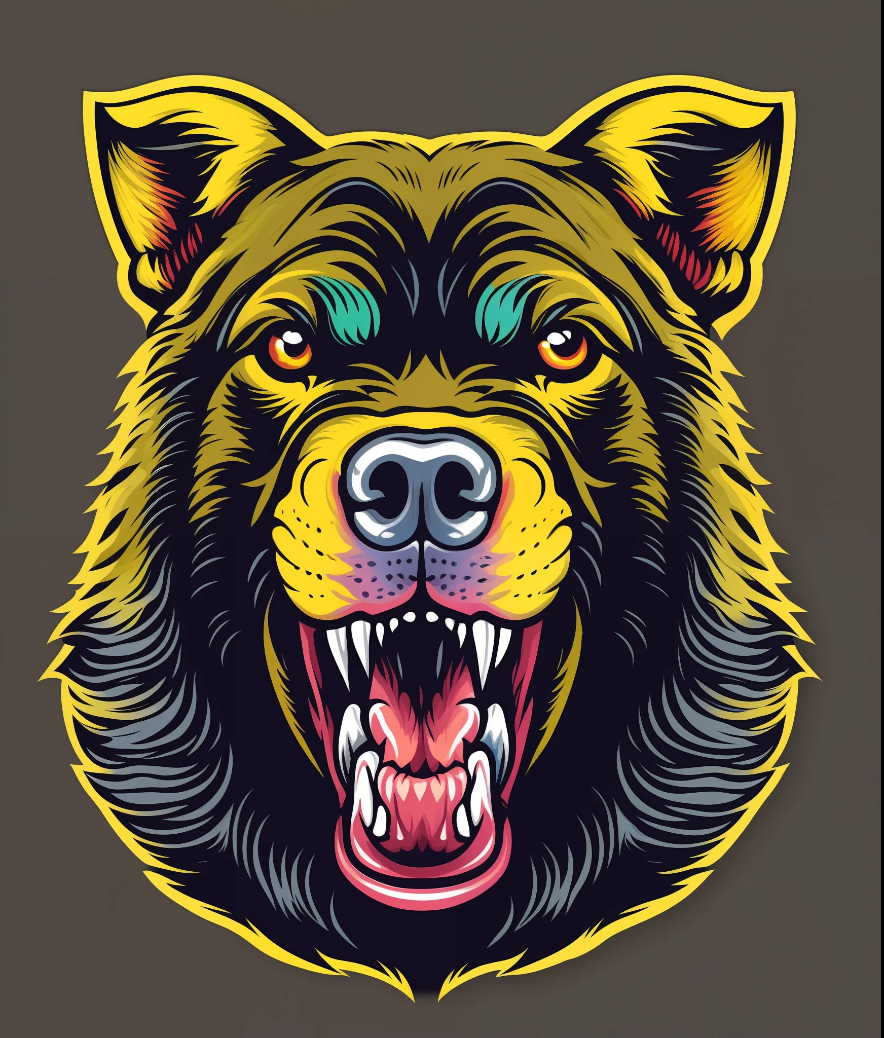 pitbull dog, colorful, vintage style, (T-shirt design), evil face, showing teeth realistic volumetric light of masterpiece