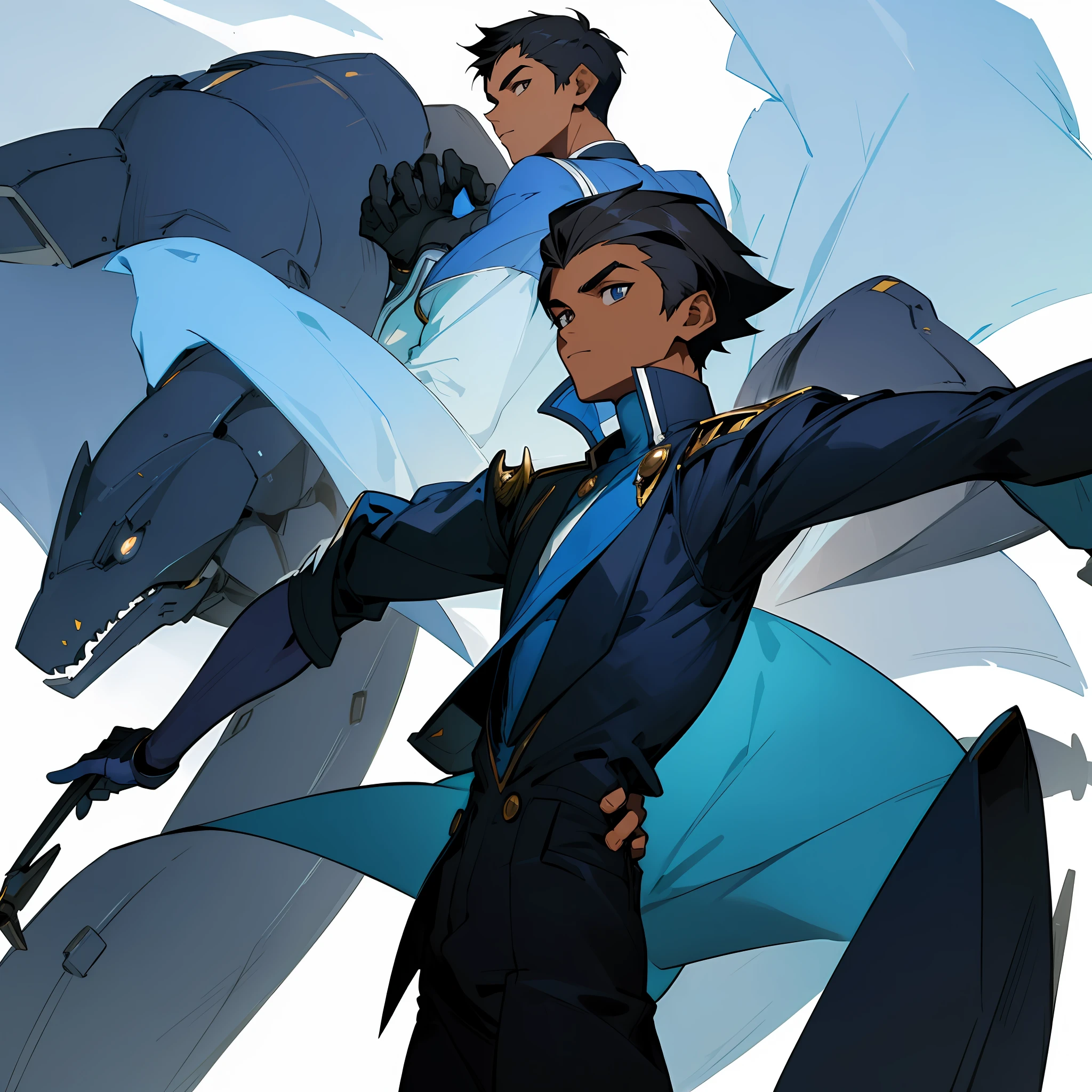 ((masterpiece)),(((best quality))),((character design sheet,same character,front,side,back)),illustration,1 boy, dark skin, very short hair, handsome young boy, beautiful eyes,environment Scene change, pose too, blue pilot uniform, charturnbetalora, (simple background, white background: 1.3)