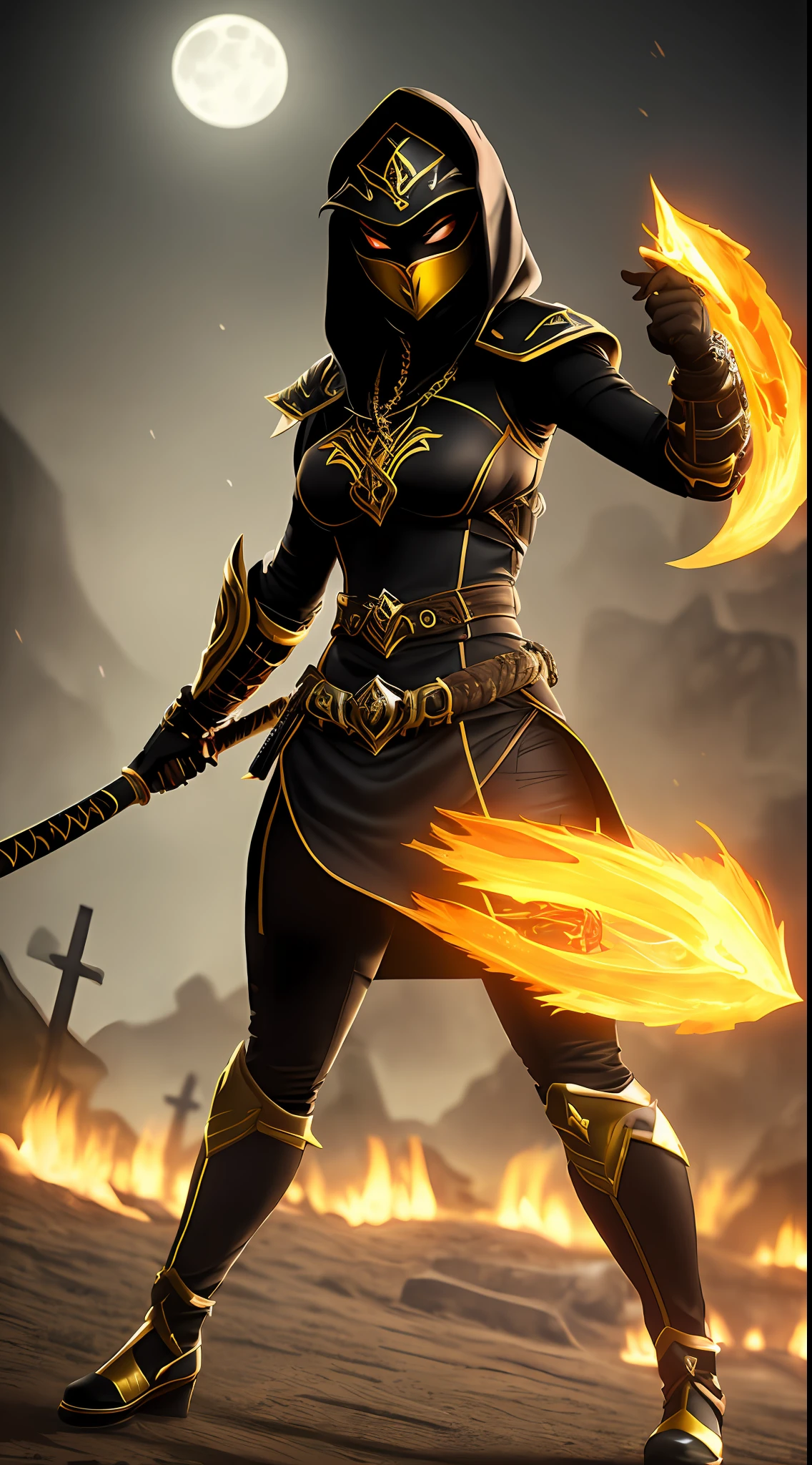Very detailed 64k resolution, Unreal Engine 5, Mortal Kombat Scorpion style, Cartoon style, full body standing image of Princess Zelda cosplaying Scorpion, ninja hood and mask, black hair, well-detailed yellow eyes, holding a katana attached with a chain, looking at the viewer, emanating an aura of fire around the body,  in a macabre cemetery at night with a full moon.