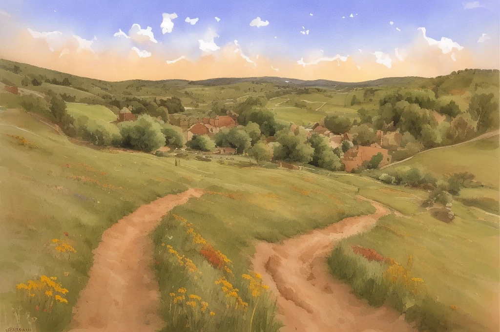Country scene, endless fields of grass and wildflowers, dirt trail, rock wall separating fields, birds, rabbits, sheep