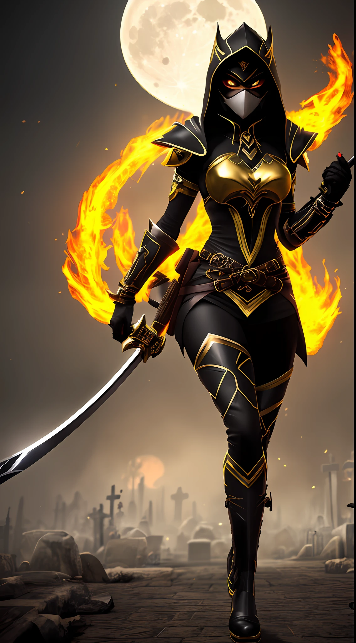 Very detailed 64k resolution, Unreal Engine 5, Mortal Kombat Scorpion style, Cartoon style, full body standing image of Princess Zelda cosplaying Scorpion, ninja hood and mask, black hair, well-detailed yellow eyes, holding a katana attached with a chain, looking at the viewer, emanating an aura of fire around the body,  in a macabre cemetery at night with a full moon.