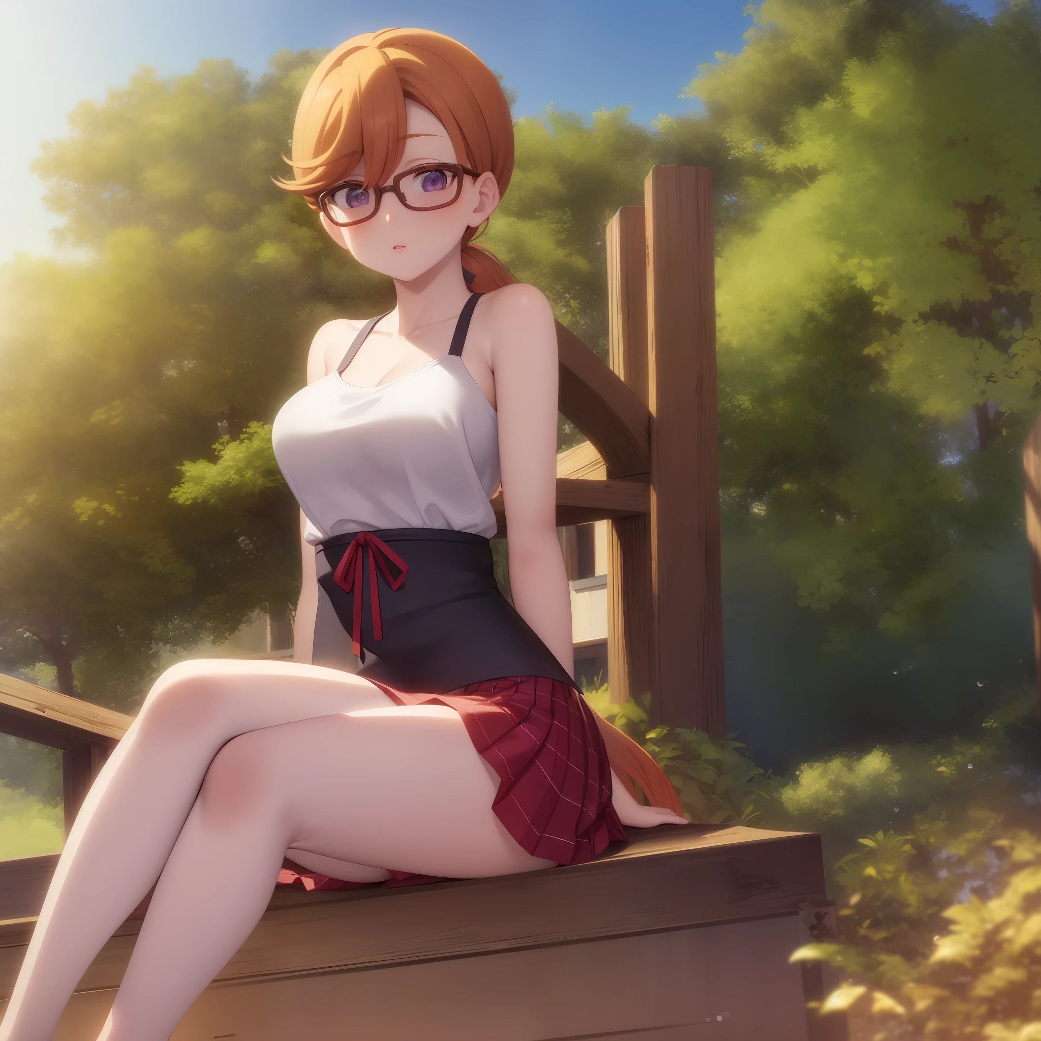 2d, masterpiece, best quality, anime, highly detailed eyes, highly detailed face, highly detailed background, perfect lighting, (1girl, shibuya kanon, purple eyes, orange hair, short hair, low ponytail:1.4, bikini, big breast, parted lips, blush, shy), outdoor, depth of field, sitting, bench, pov, twilight, sunset, sunrays, perfect lighting:1.4, glasses