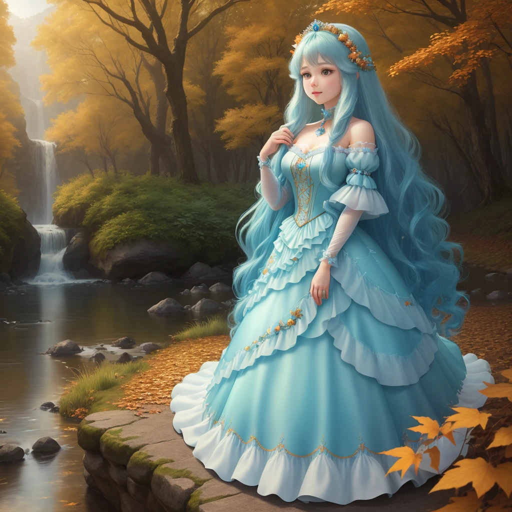 Ultra realistic, high resolution, 8k, long and beautiful hair, cyan hair, 1.60 tall, princess dress, nature in autumn, ring in your hand