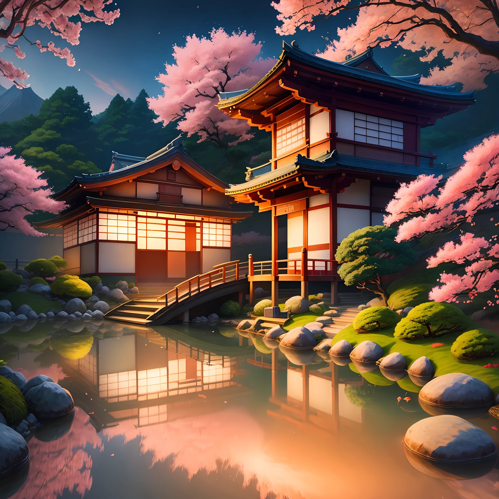 (digital painting),(best quality), serene Japanese garden, cherry blossoms in full bloom, koi pond, footbridge, pagoda, Ukiyo-e art style, Hokusai inspiration, Deviant Art popular, 8k ultra-realistic, pastel color scheme, soft lighting, golden hour, tranquil atmosphere, landscape orientation