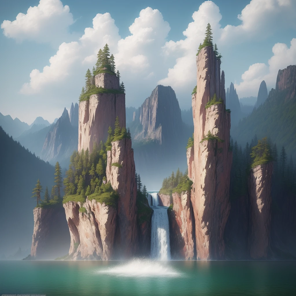 masterpiece, best quality, high quality, extremely detailed CG unity 8k wallpaper, scenery, outdoors, sky, cloud, day, no humans, mountain, landscape, water, tree, blue sky, waterfall, cliff, nature, lake, river, cloudy sky,award winning photography, Bokeh, Depth of Field, HDR, bloom, Chromatic Aberration ,Photorealistic,extremely detailed, trending on artstation, trending on CGsociety, Intricate, High Detail, dramatic, art by midjourney