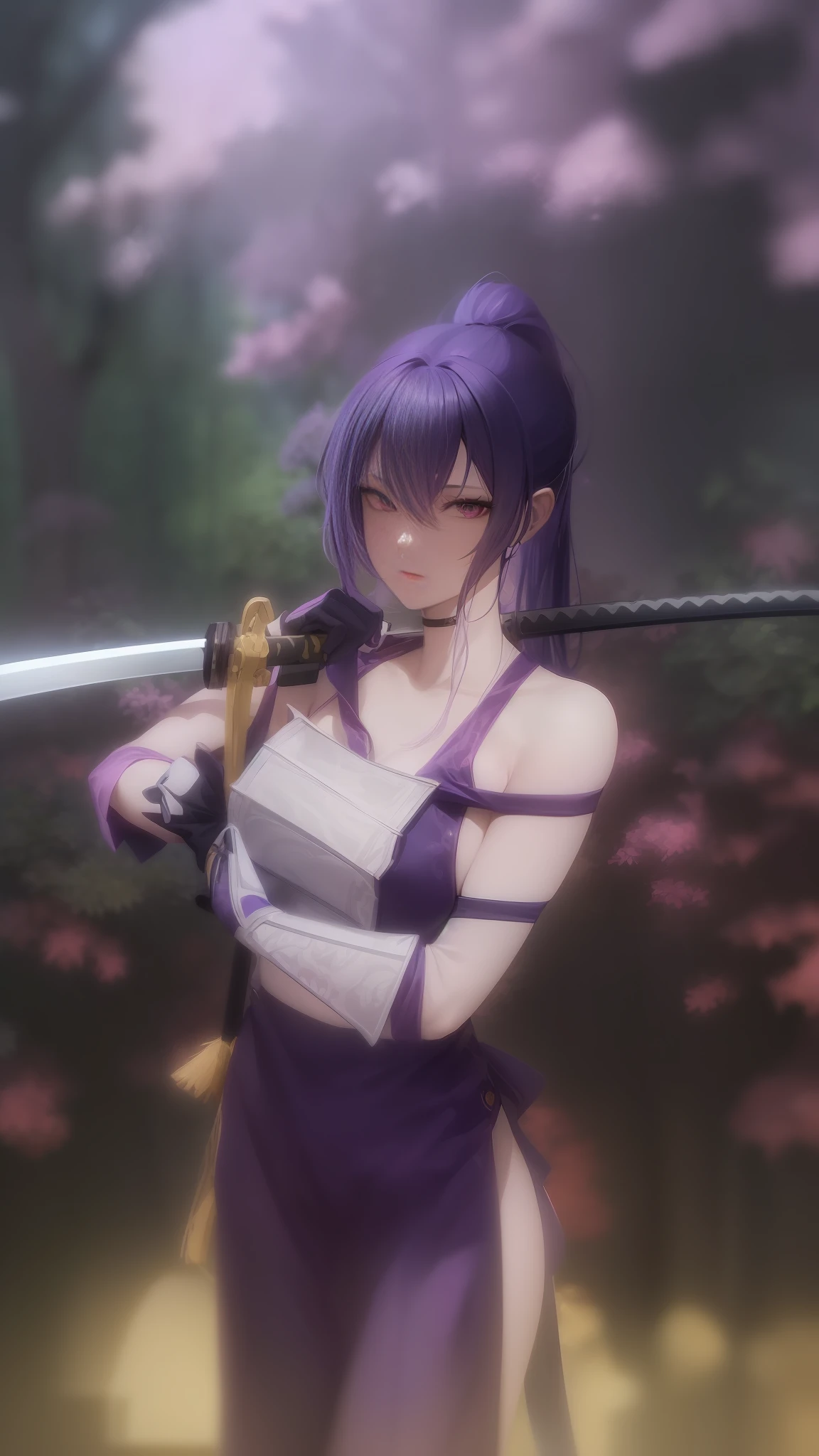 anime girl with purple hair holding a sword in front of a bush, holding a sword on her shoulder, she is holding a katana sword, misato katsuragi, fox nobushi holding a naginata, today's featured anime still, she is holding a sword, anime still image, in the anime film, Kisegawa from Hell's Paradise