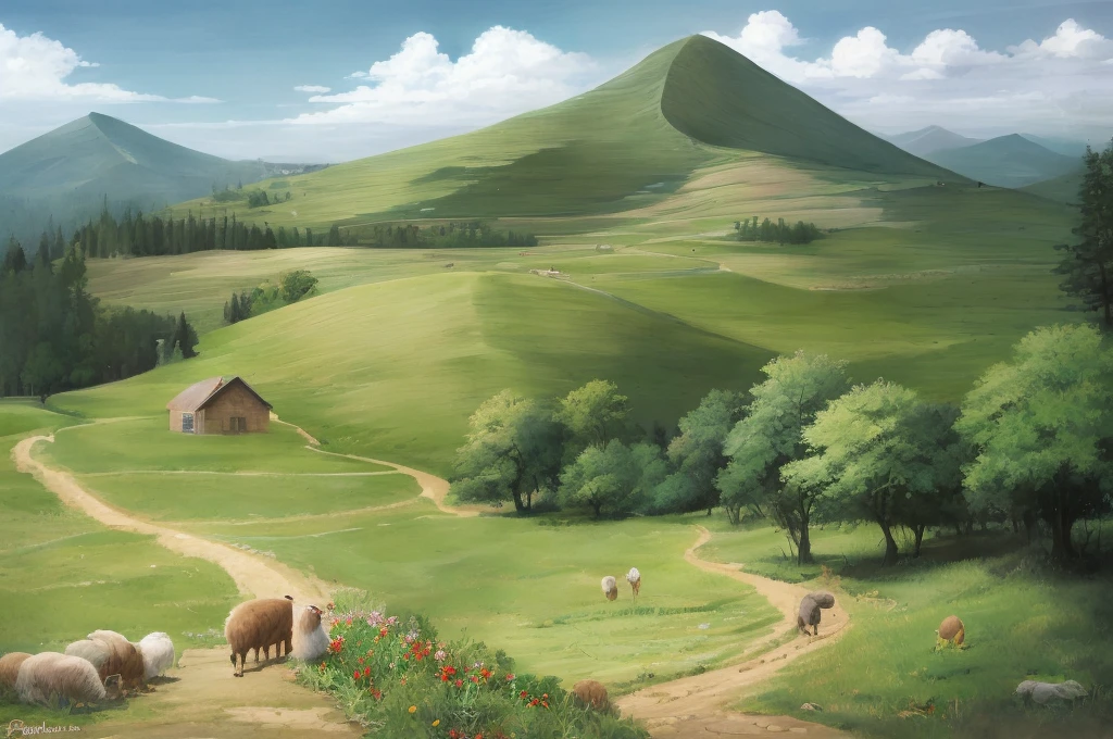 Country scene, endless fields of grass and wildflowers, dirt trail, rock wall separating fields, birds, rabbits, sheep, windmill