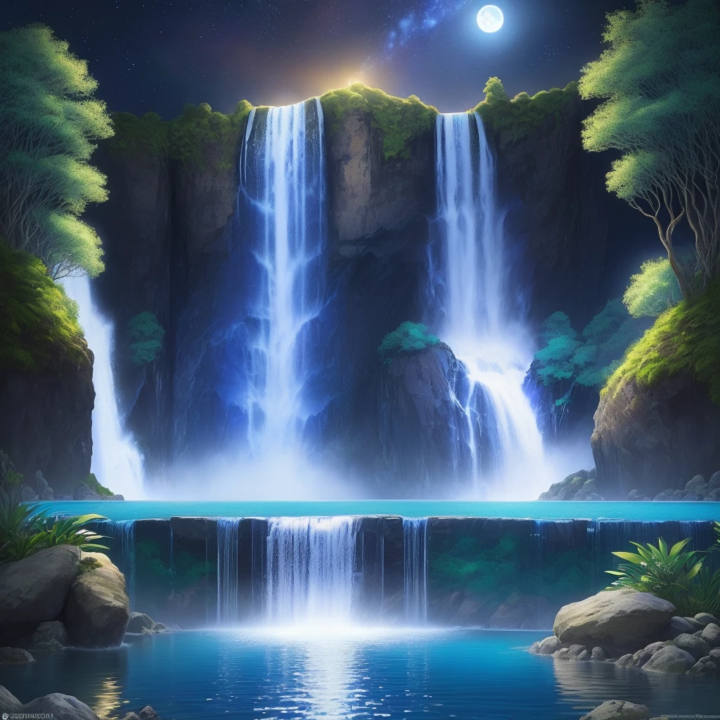 Gorgeous Royal Blue Big Peacocks, featured in a gorgeous setting with a waterfall with crystal blue waters, in the background, and "many orchid flowers Royal blue cattles" composing the scenery, at night, with a constellation of shining stars and full moon, illuminating the romantic environment, image in high resolution 4k, realistic scenery photographic quality Fantasy Art