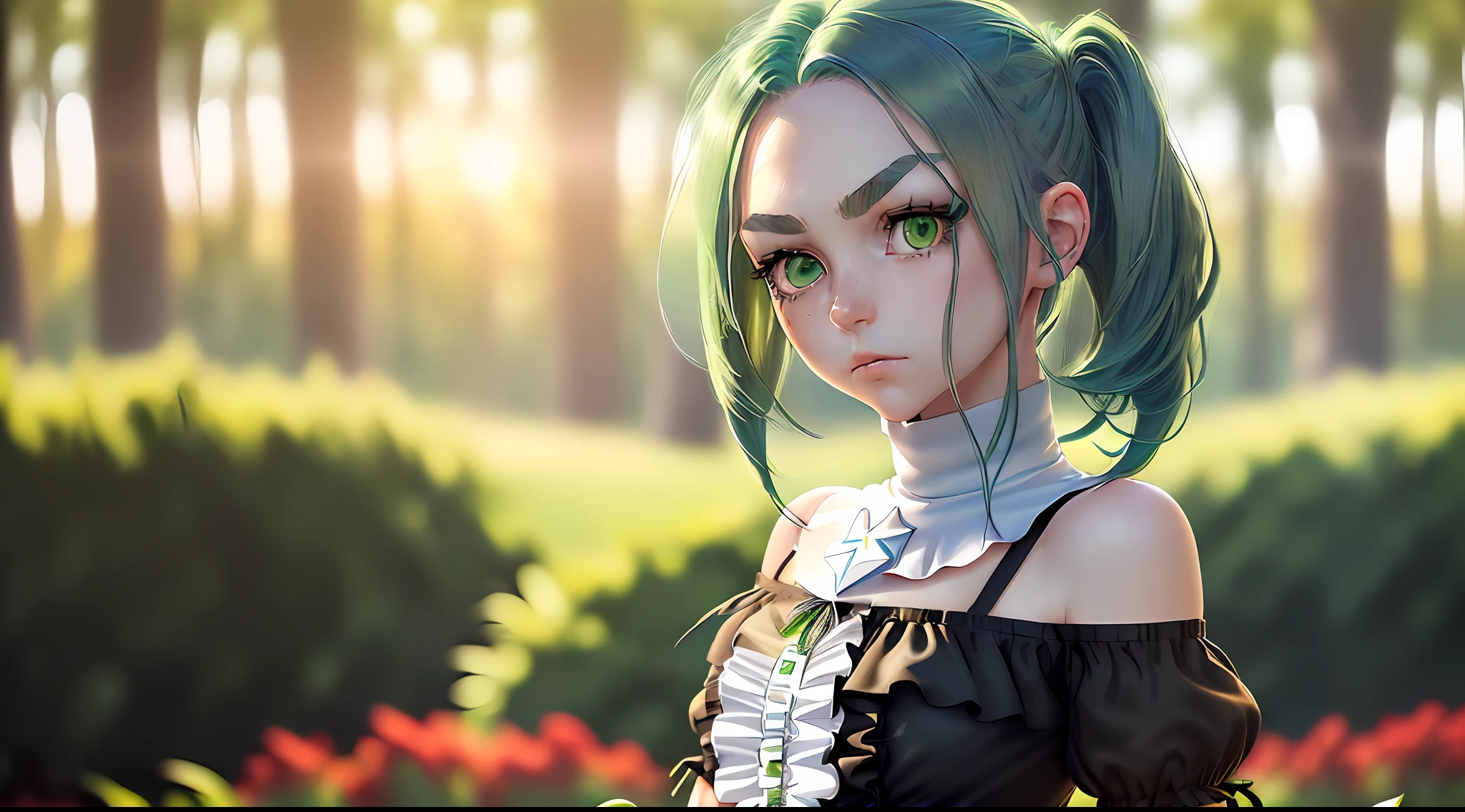 ((album cover: 1.3 + background wall: 0.9 + 8k wallpaper),anime idol dress + black full dress ,realistic,((making hand gestures: 1.2 + serious face + eyes between closed1.0)),(beautiful: 1.6 + beautiful: 1.3 + cute),((very detailed: 1.5 + ultra detailed)),(Drawing of OnonokiYotsugi-000008:1),(eyes: green, green hair), serious face, 1 girl, just one girl, beautiful,  vivid colors, sunset sunlight, emotionless face, forest background with many trees blurred, background with many red flowers blurred, warm light:1.0, eyes well made, pretty eyes, cute eyes, eyes well drawn, looking sideways, loli, pretty face, visible legs, on green grass, very detailed eyes, tired look, tender face, from afar, very colorful and detailed background,  loose hairs, bright eyes, black pupil, green eyebrows, tender pose